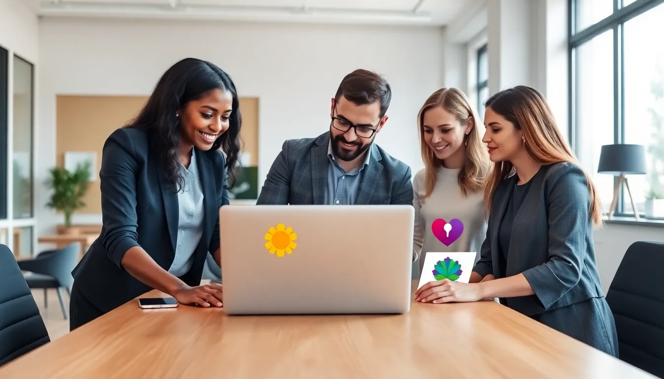 diverse professionals collaborating on logo designs in a modern office.
