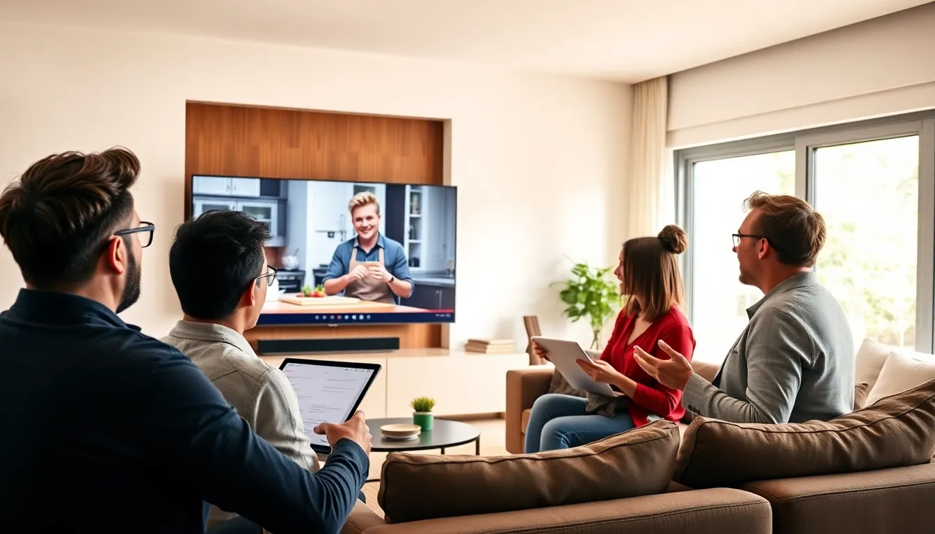 diverse group watching a Masterclass video in a modern living room.