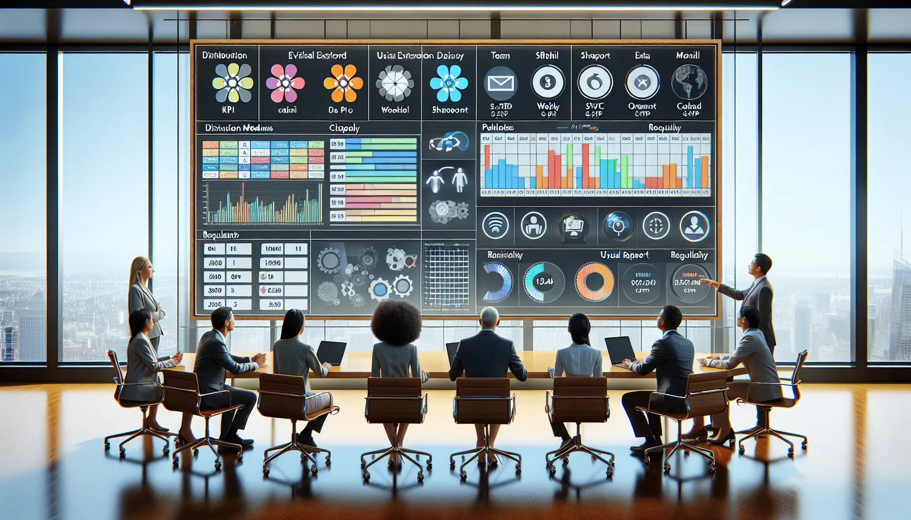 Diverse business team planning Power BI scheduled reports in a modern office.