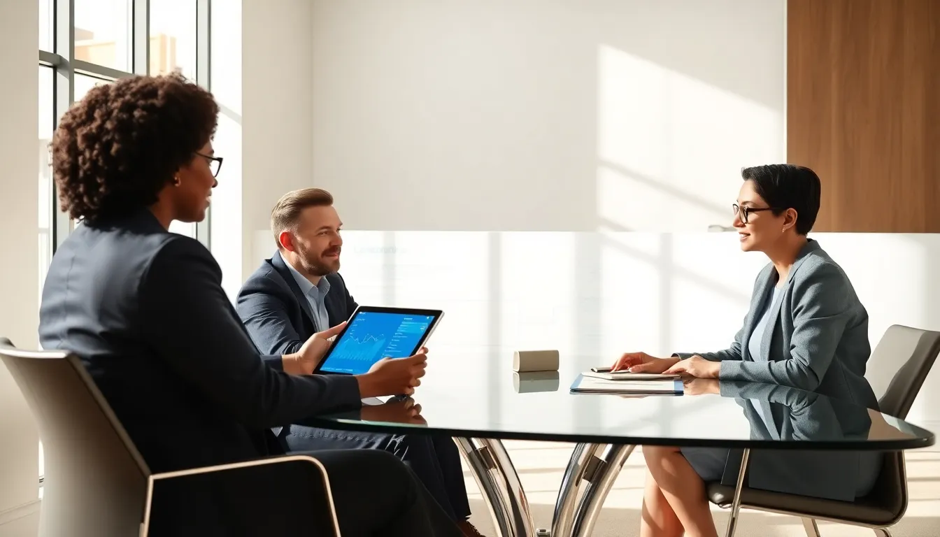 professionals collaborating in a modern office on data management.