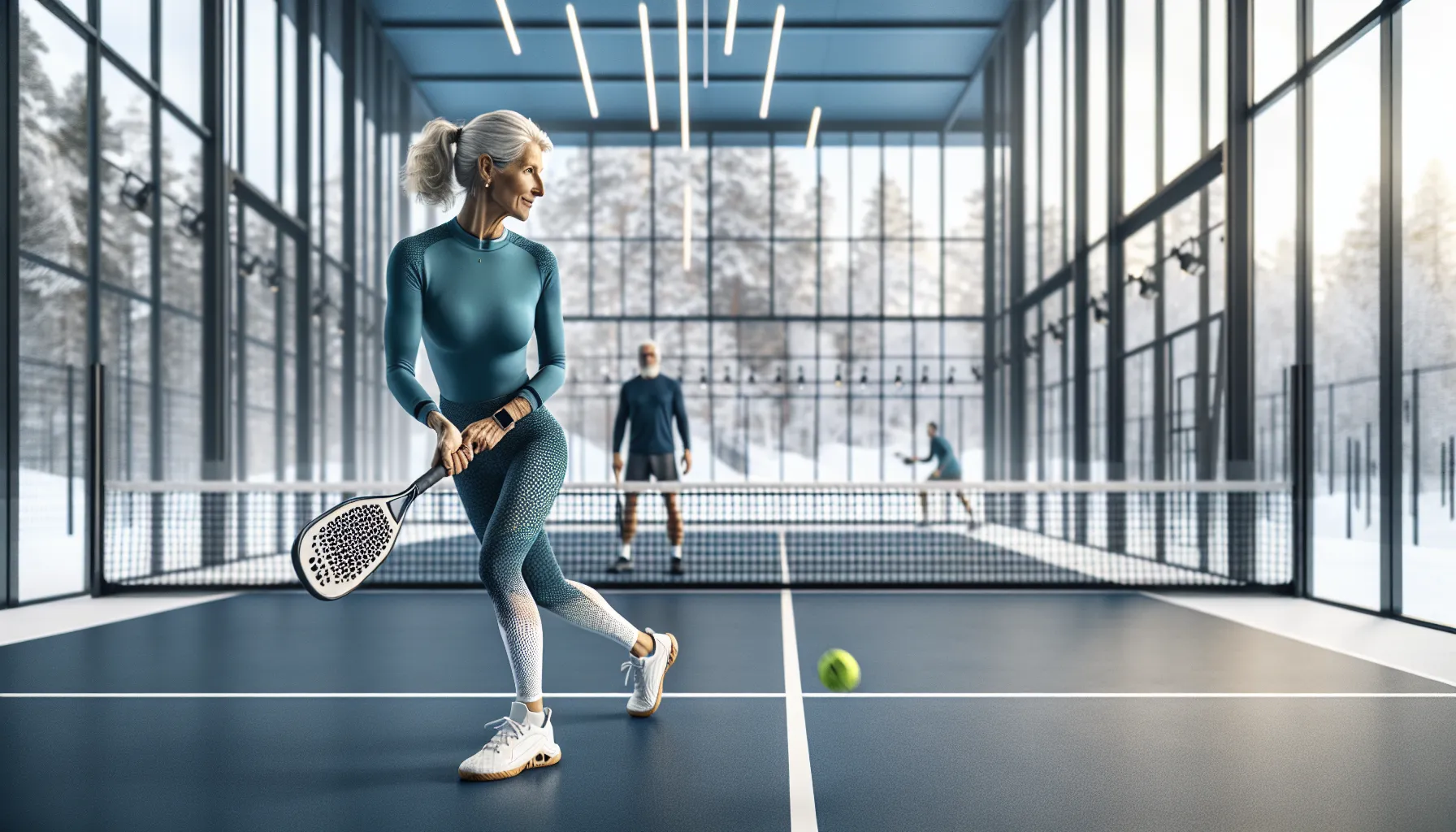 Padel for eldre: hvorfor sporten er perfekt for alle aldre 3 Older norwegian woman playing padel indoors, showing balance, coordination, and joy.
