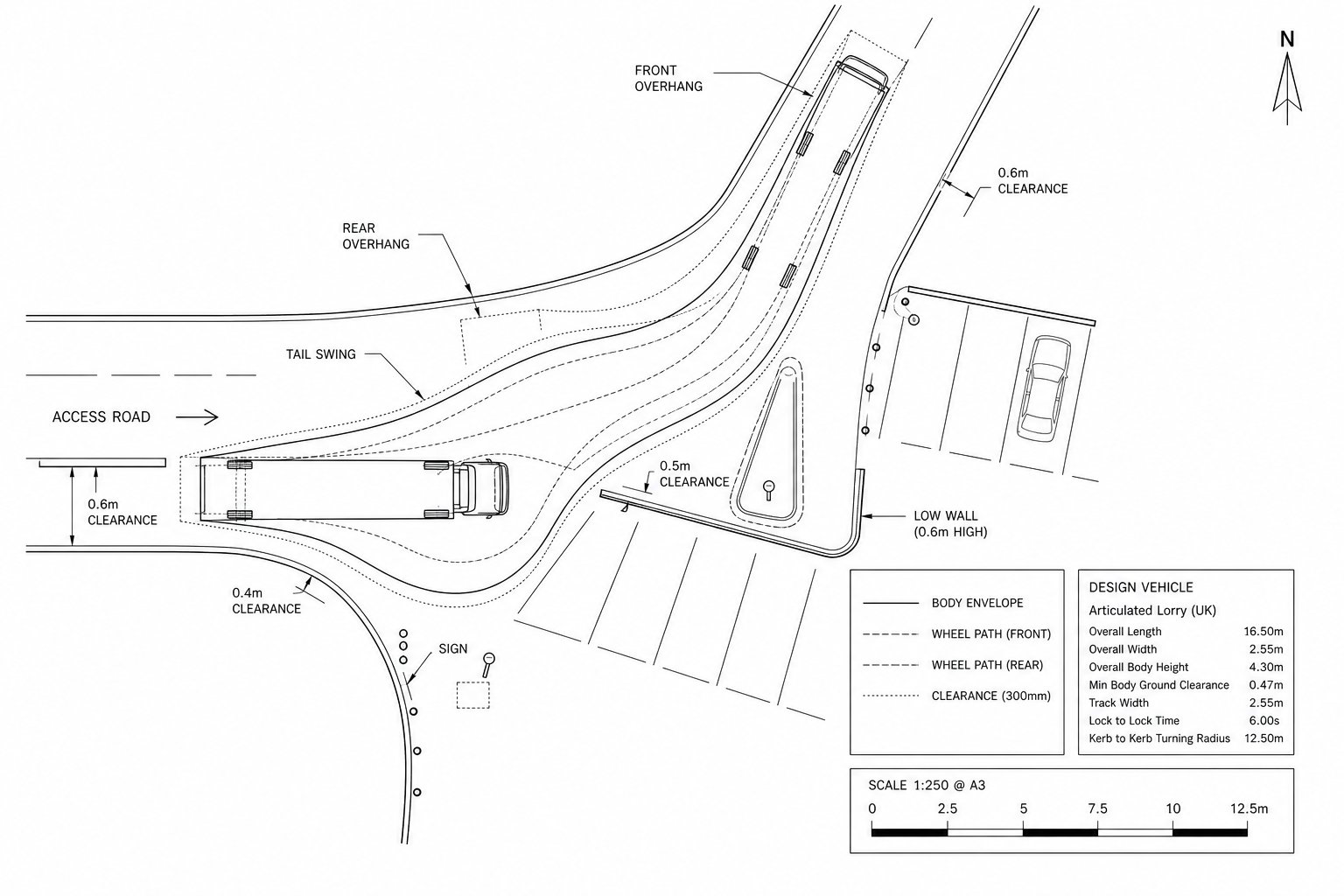 Lorry tracking curves over a site plan showing turning clearances.