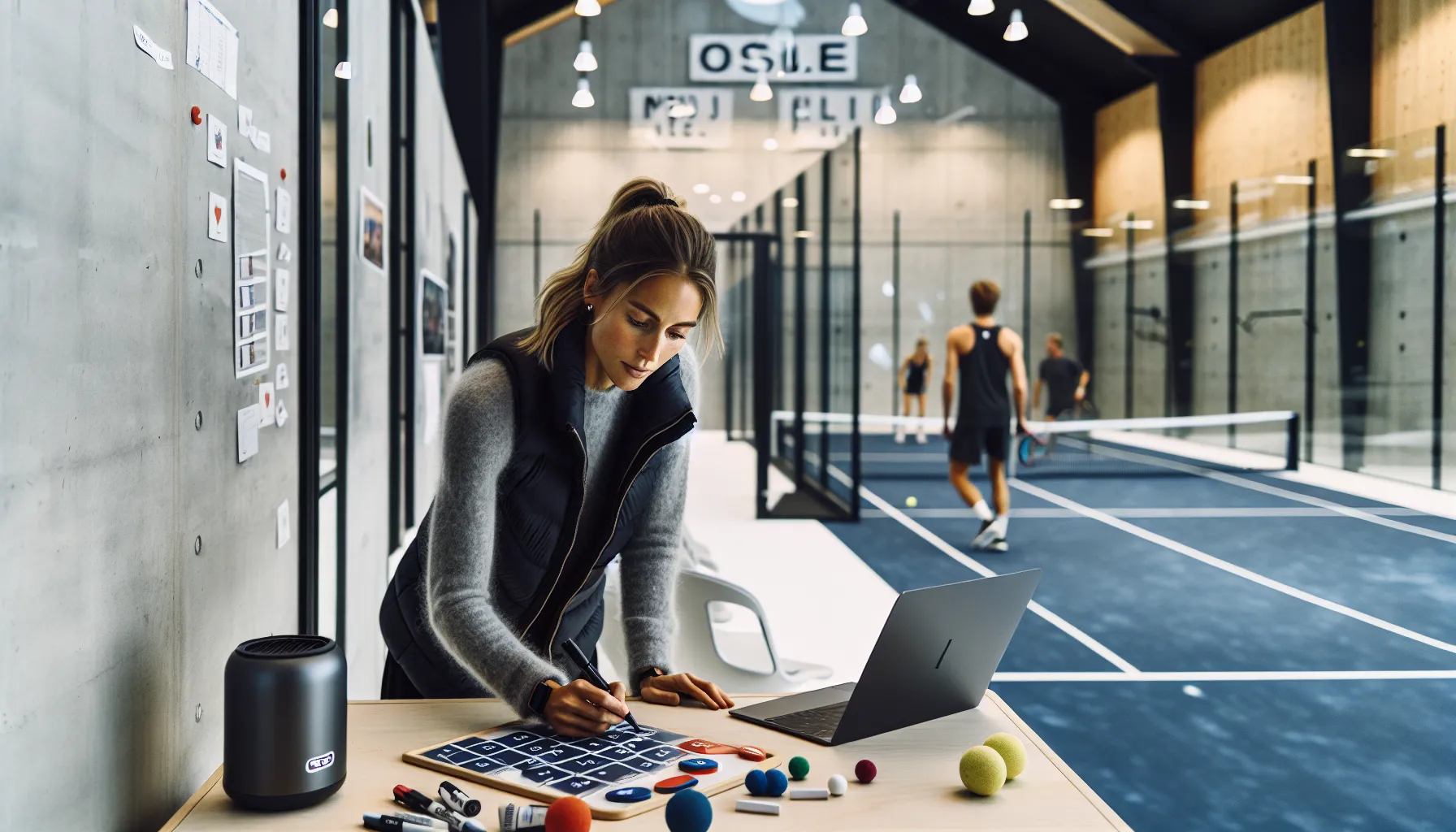 Organizer plans norwegian padel tournament on whiteboard, court and players behind.