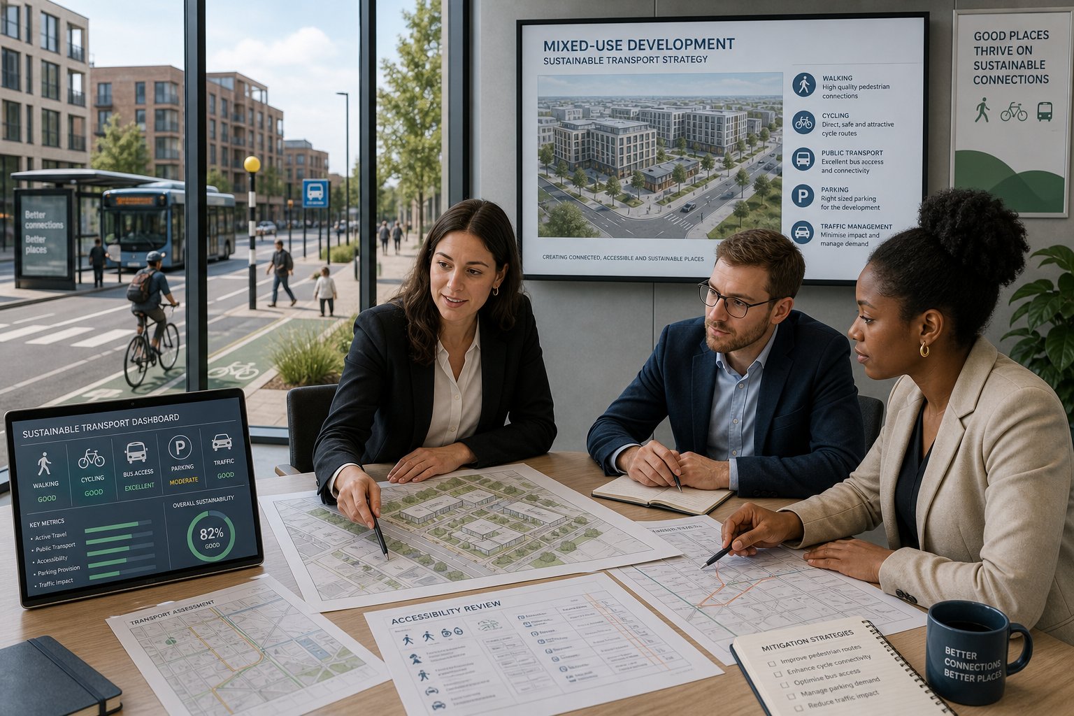Transport consultants reviewing sustainable site plans in a modern UK office.