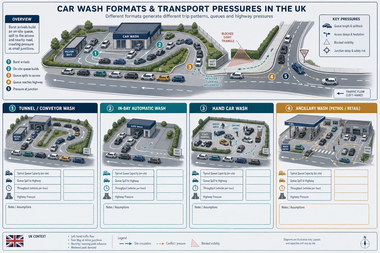 infographic comparing car wash site traffic and queue issues in the UK