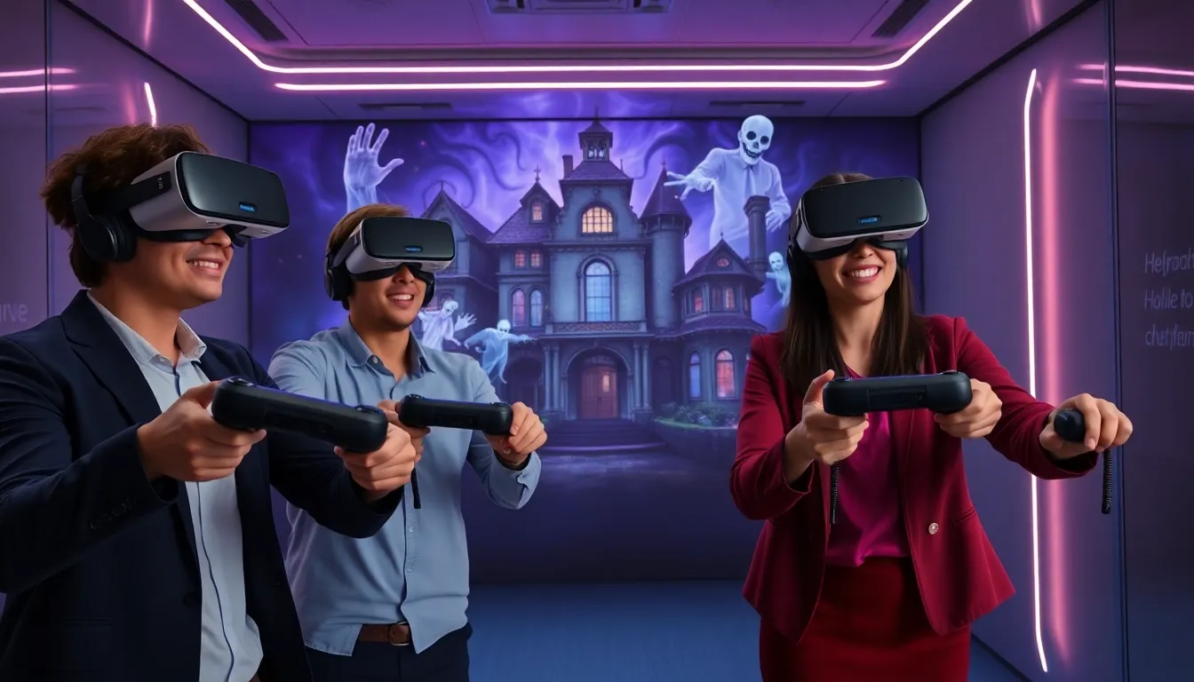 diverse group enjoying virtual reality in an escape room.