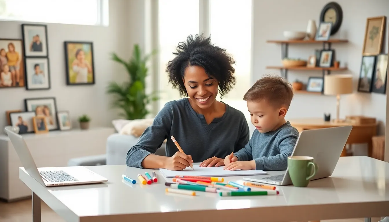 A mother engaging creatively with her child at a kitchen table.