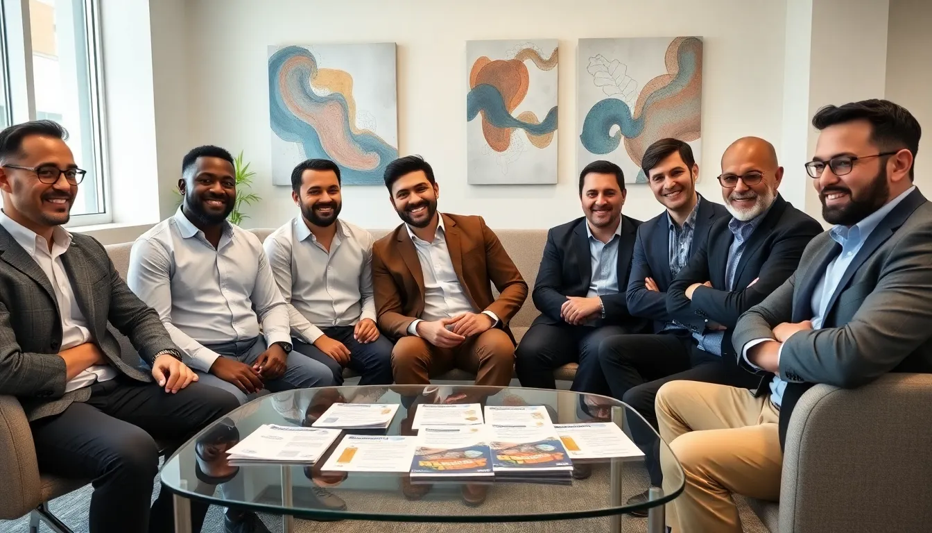 diverse group of men discussing mental health in a modern office.