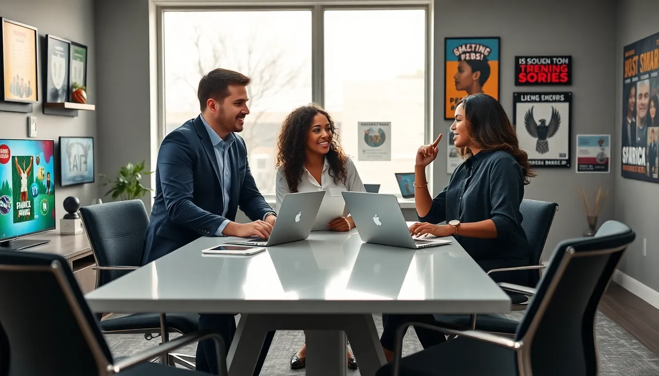 diverse team of sports analysts discussing in a modern office.