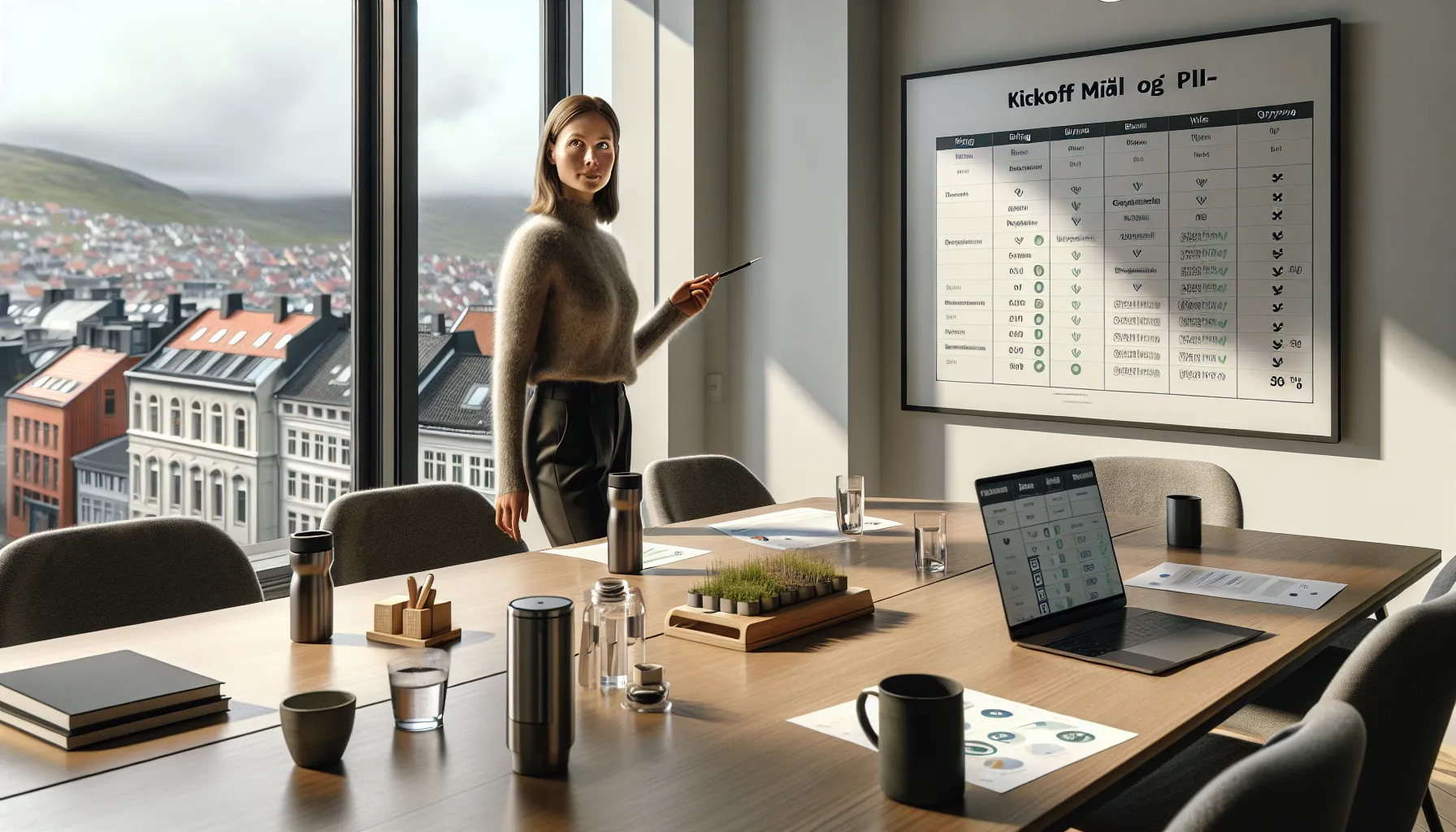 Team in a norwegian meeting room setting sustainability goals for a kickoff.