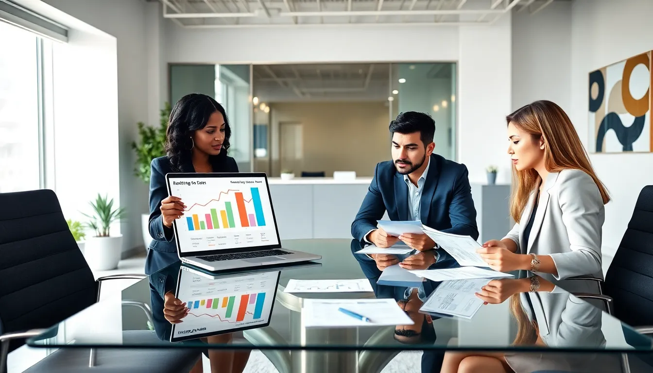 professionals discussing renting vs buying a car in a modern office.
