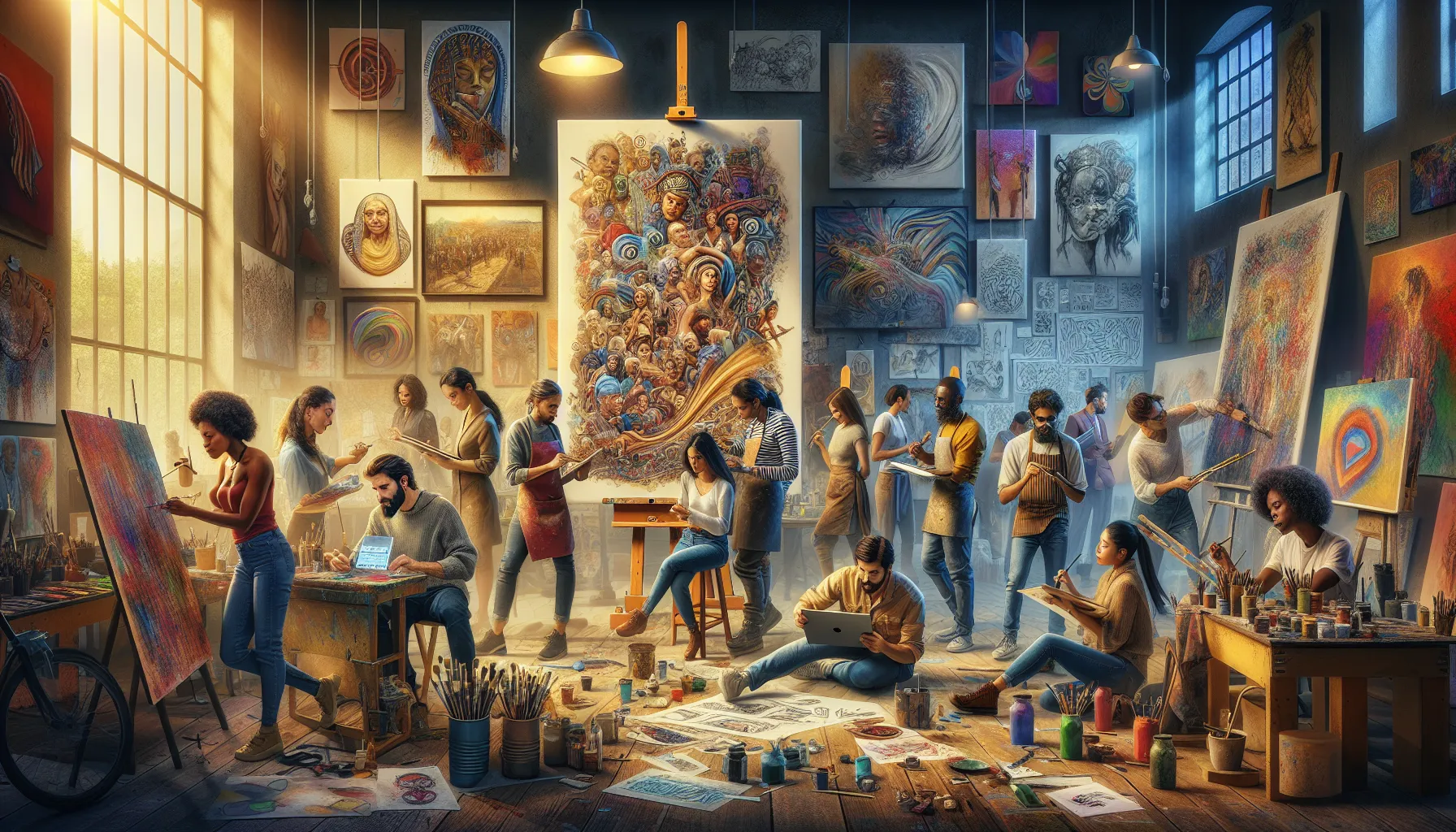 Artists collaborating in a vibrant studio, showcasing the hollsangg movement.