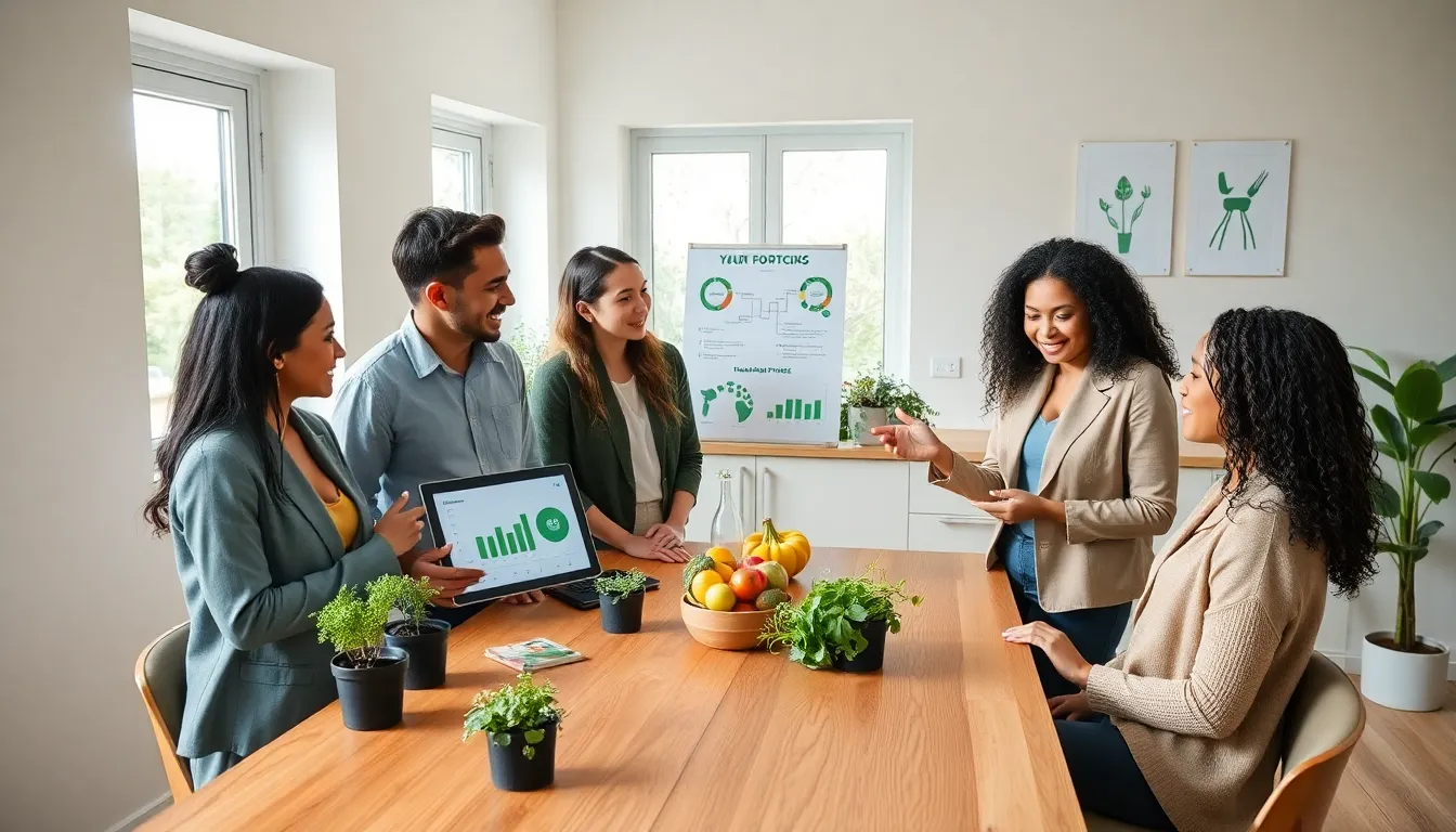 group discussing sustainable living in a modern kitchen.