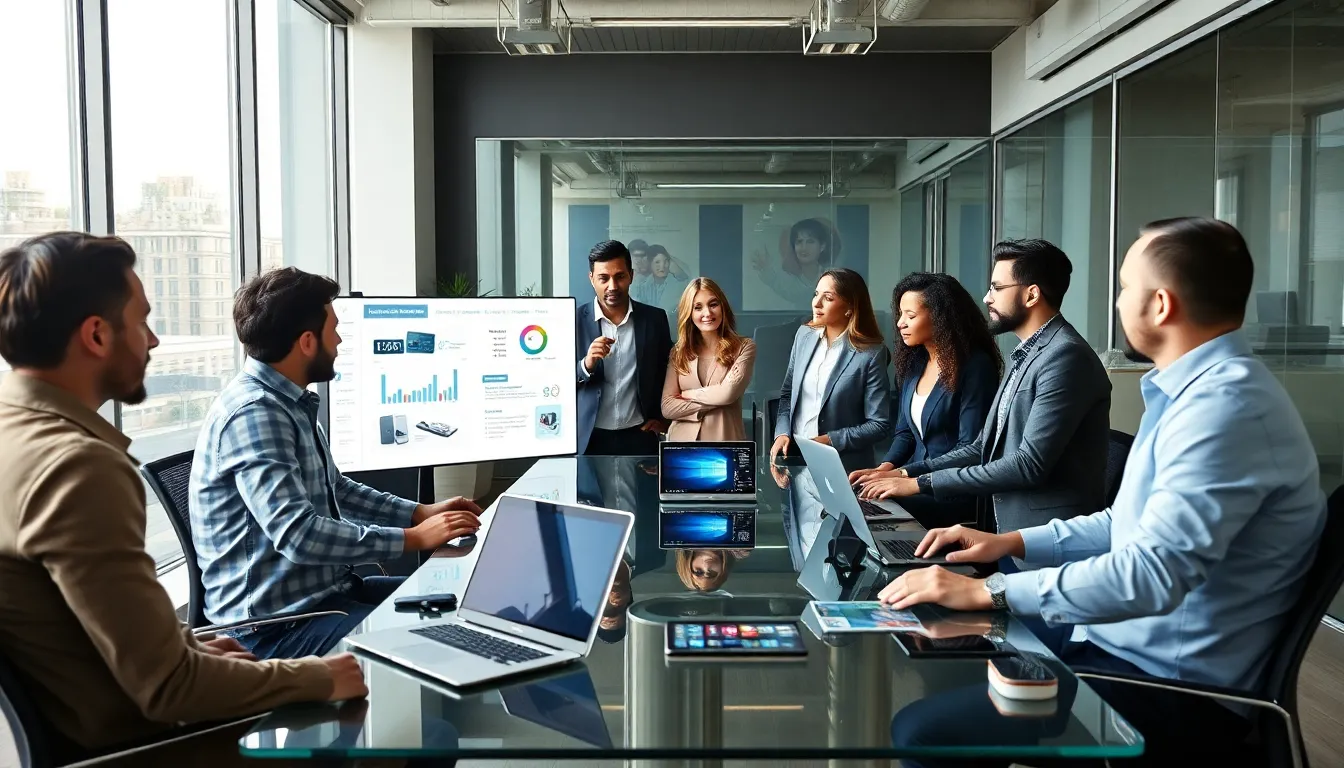 diverse team discussing consumer electronics product development in an office.