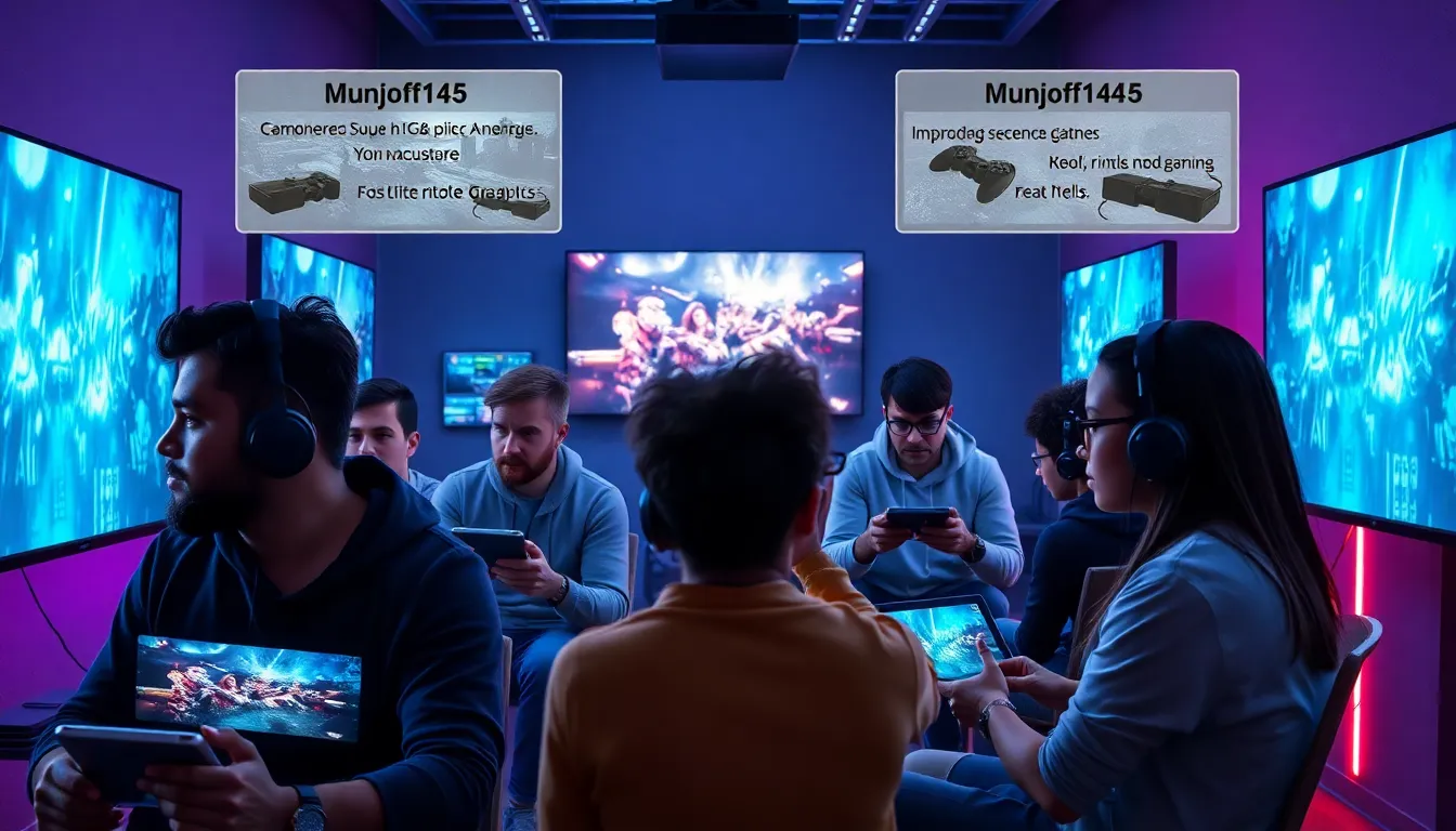 diverse group of gamers discussing Munjoff1445 mods in a modern setting.
