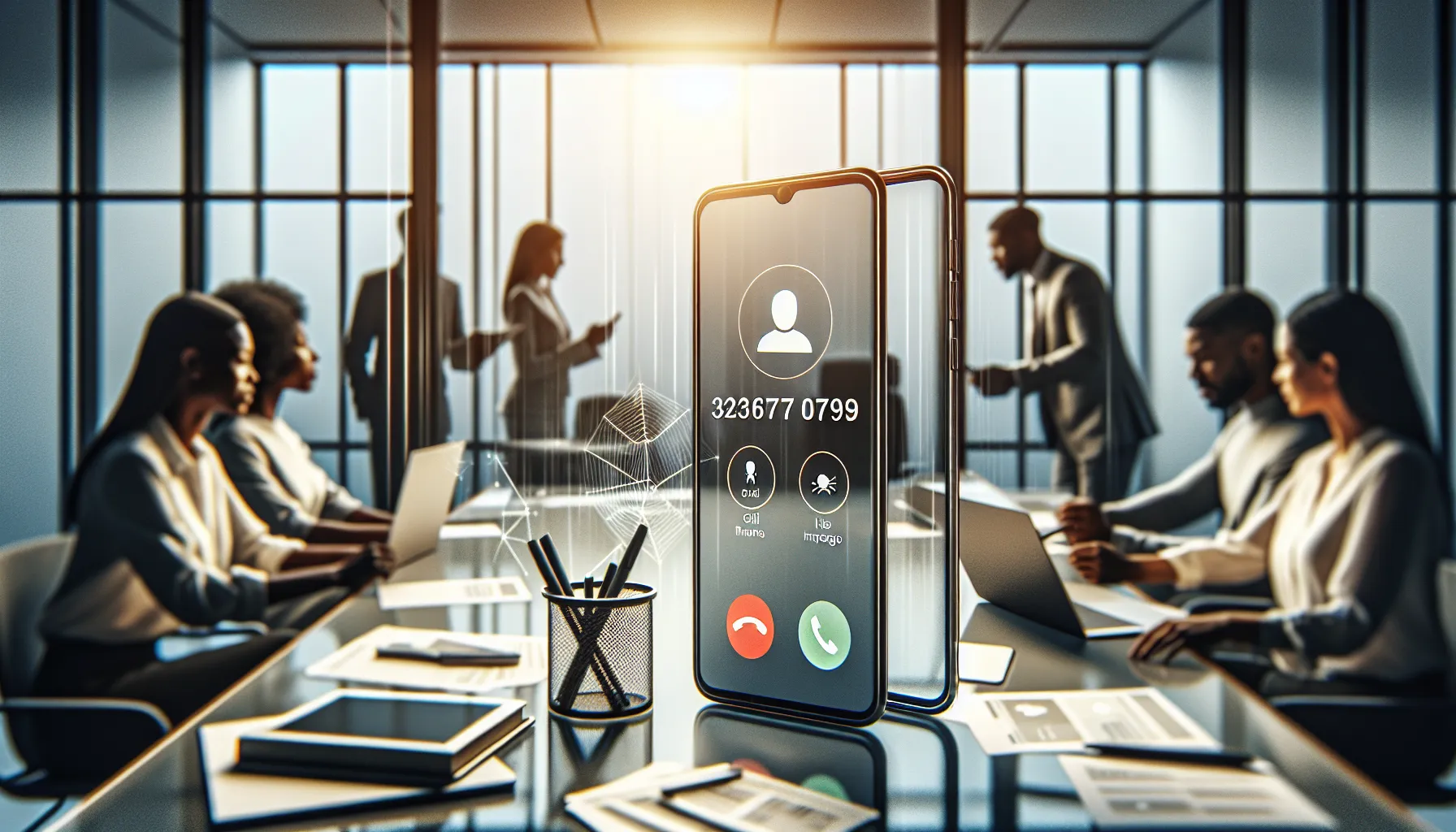 professionals discussing phone call verification in a modern office.