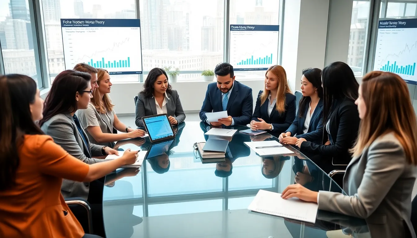 diverse professionals discussing Modern Money Theory in a modern conference room.