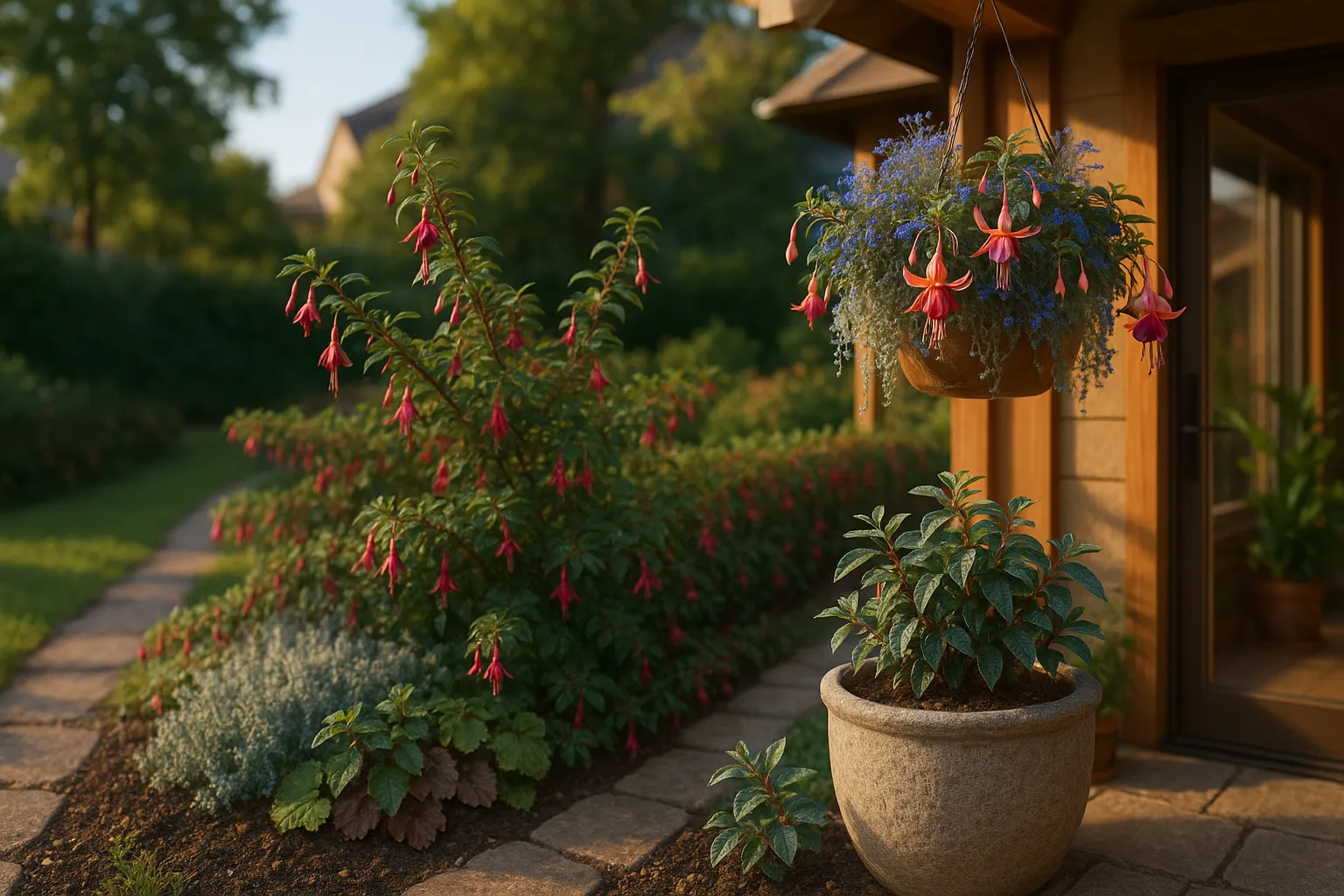 Hardy fuchsia in a gravel border beside a porch with a hanging tender fuchsia.