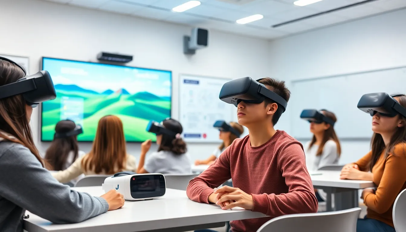 students using virtual reality headsets in a modern classroom.