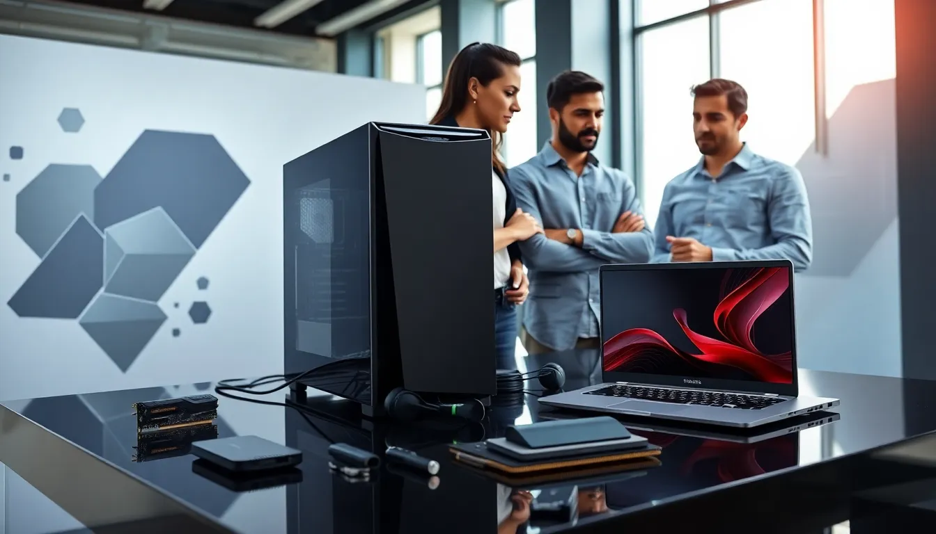 showcase of hardware products with a diverse team in a modern office.