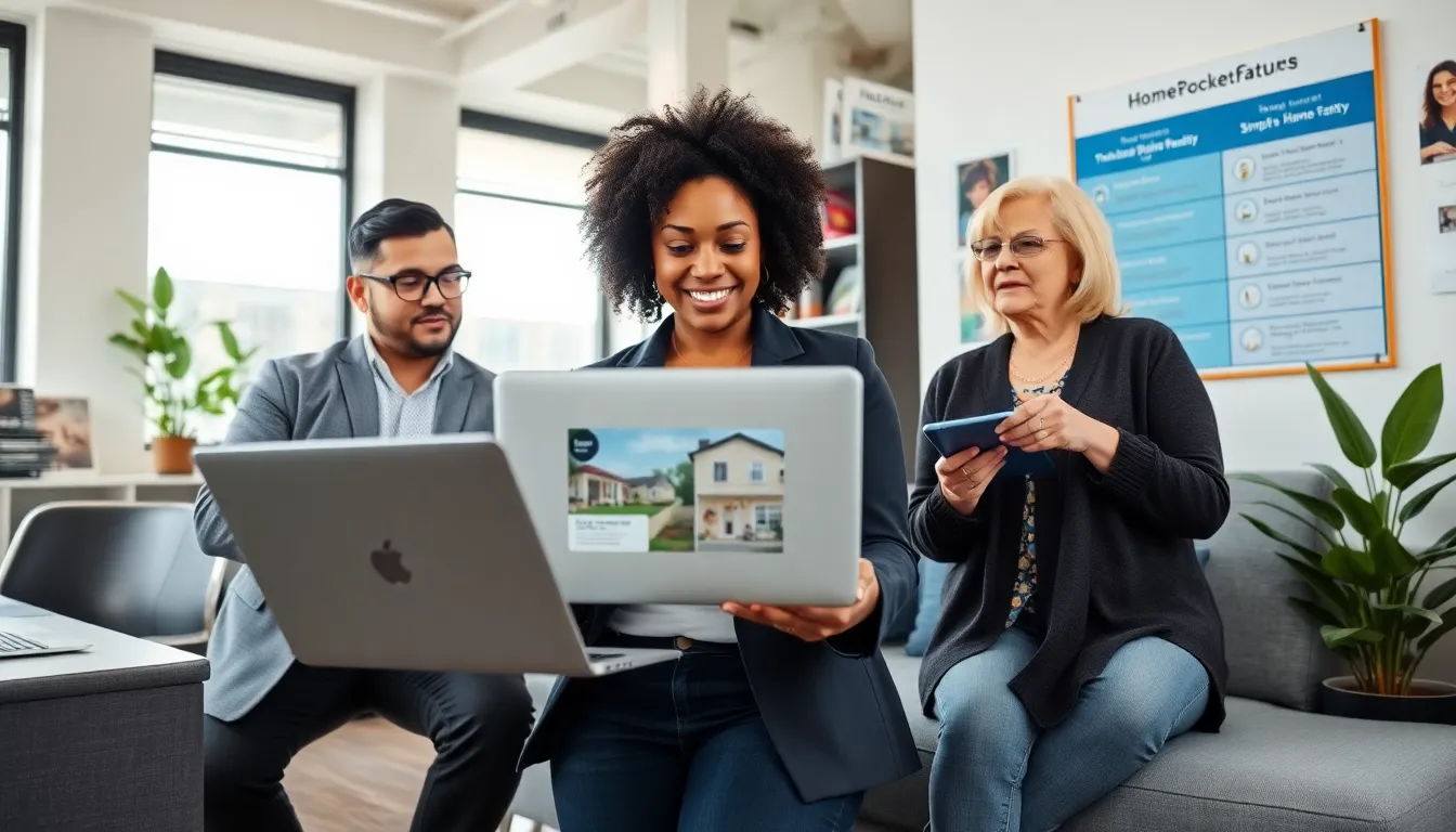 a diverse team brainstorming about HomeRocketRealty's features in a modern office.