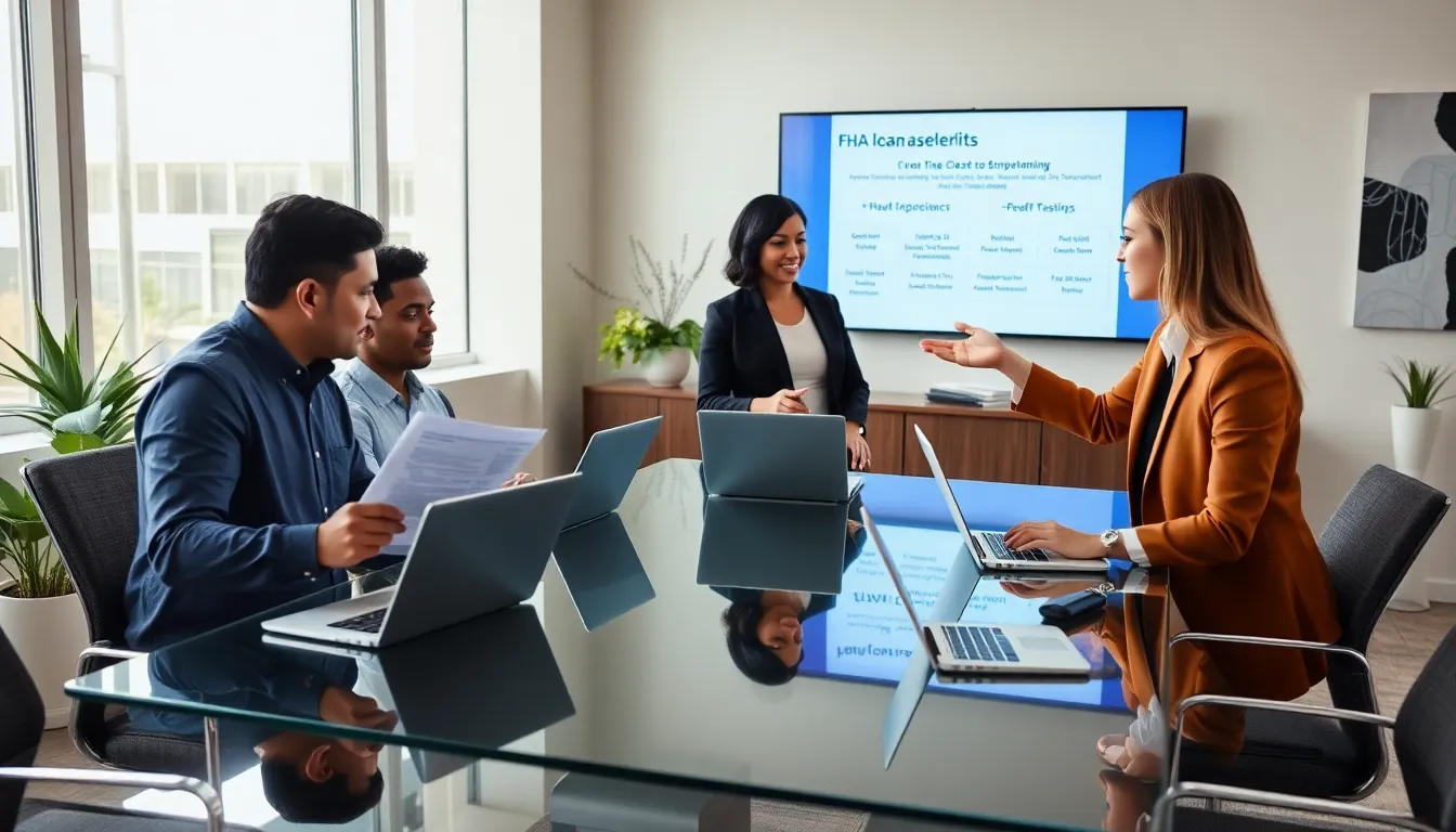 diverse team discussing FHA loan benefits in a modern office.