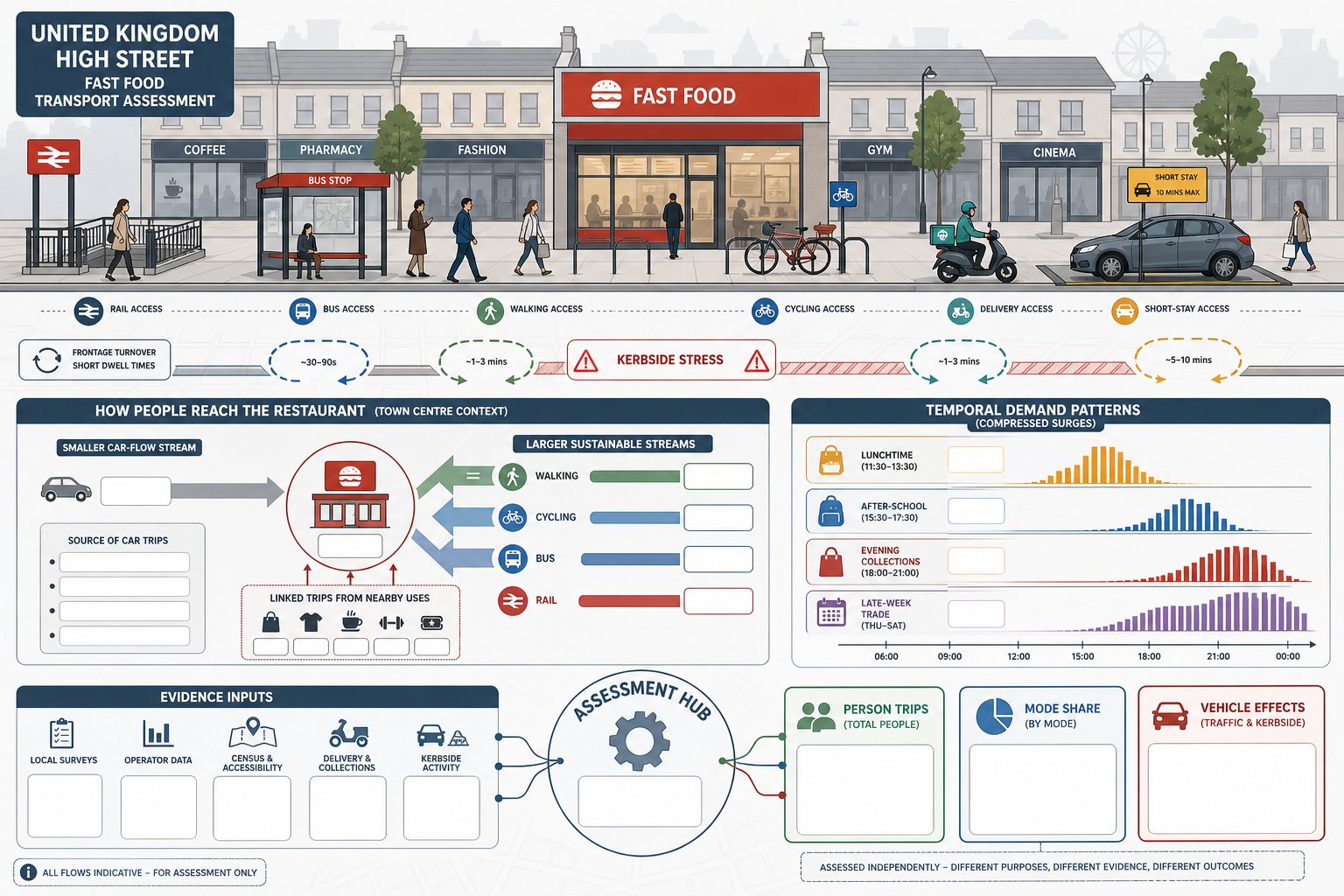 Infographic of high street fast food trip patterns and transport impacts.