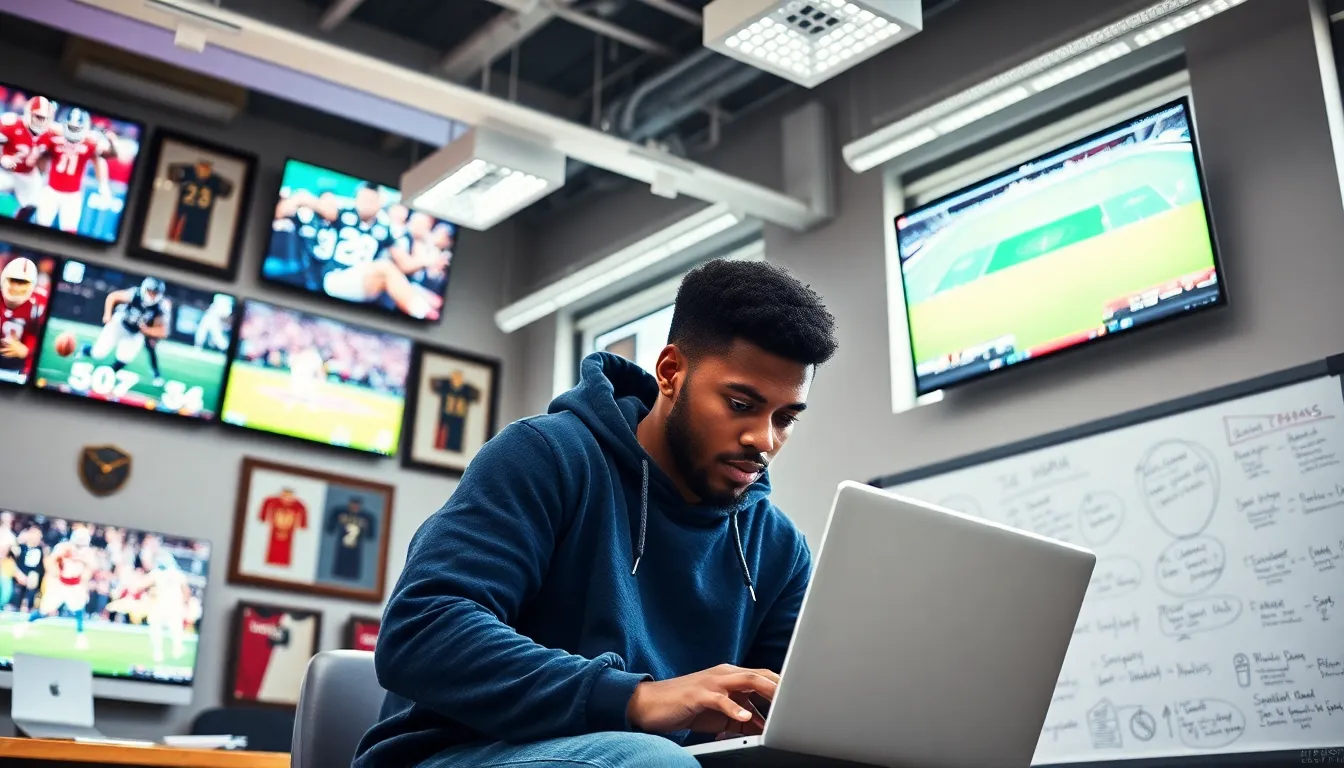 a sports journalist analyzing data in a modern office filled with sports highlights.