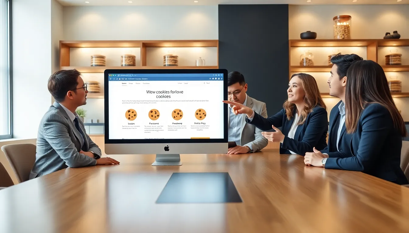 professionals discussing cookie types in a modern office.
