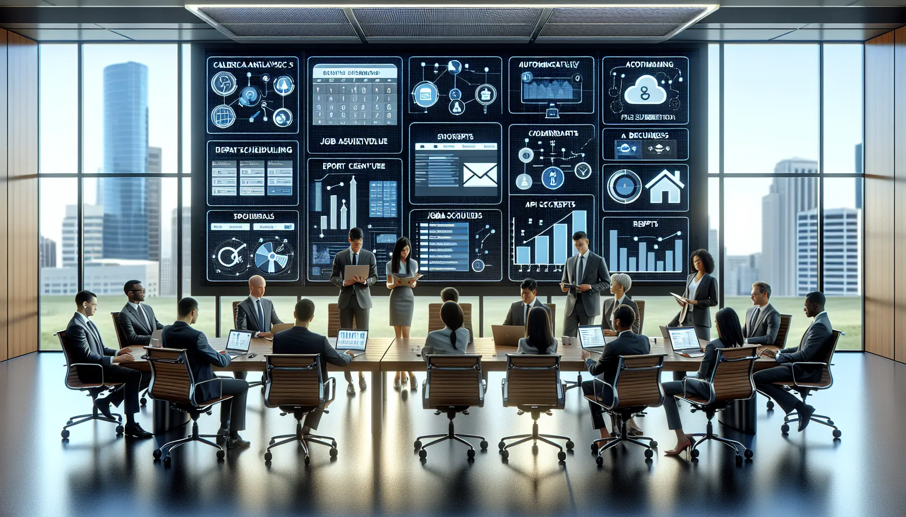 Analytics team reviewing automated Tableau report workflows on a modern office dashboard.