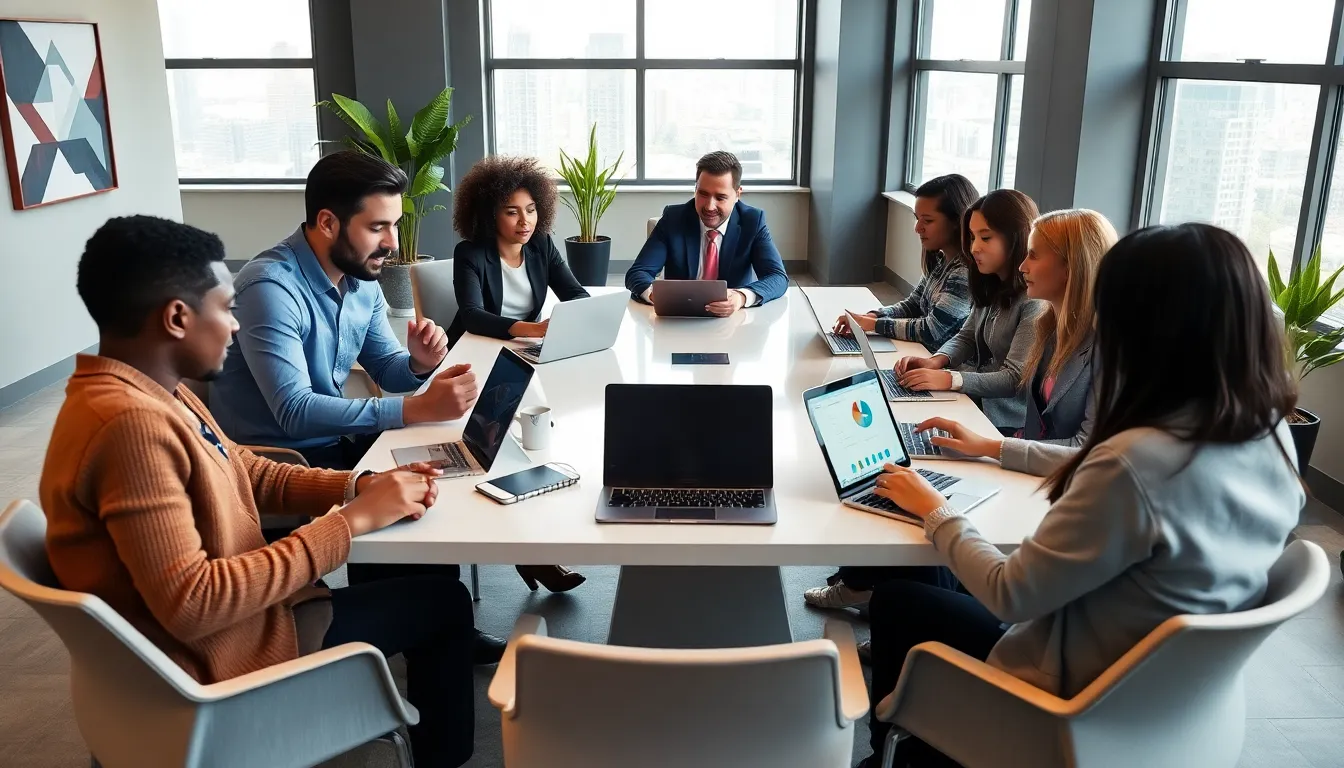 diverse professionals collaborating in a modern office setting.