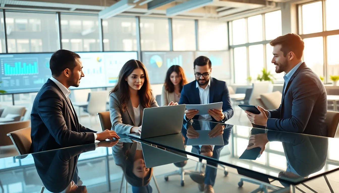 professionals collaborating on SaaS CRM software in a modern office.