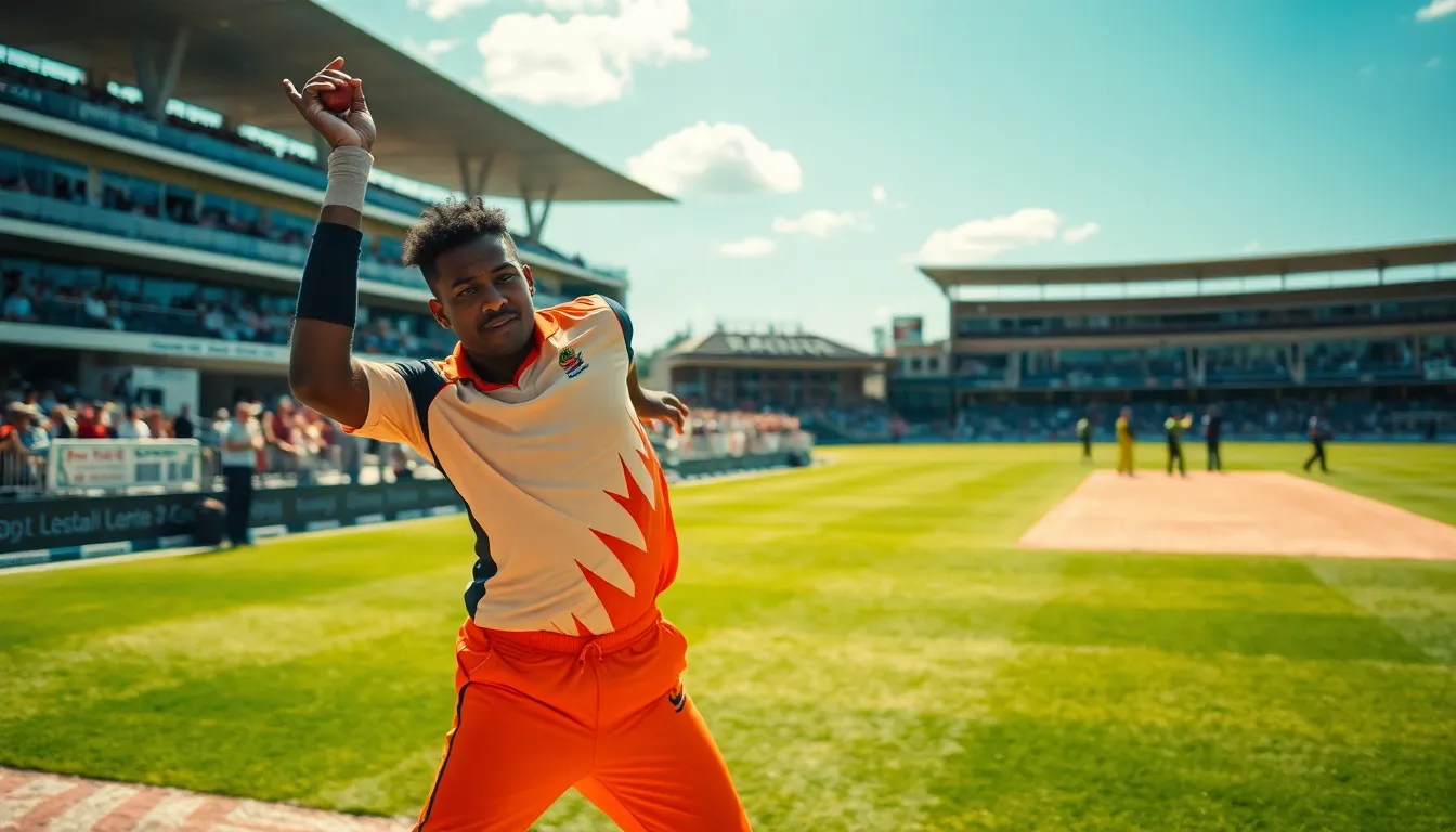 a fast bowler in action on a cricket field.