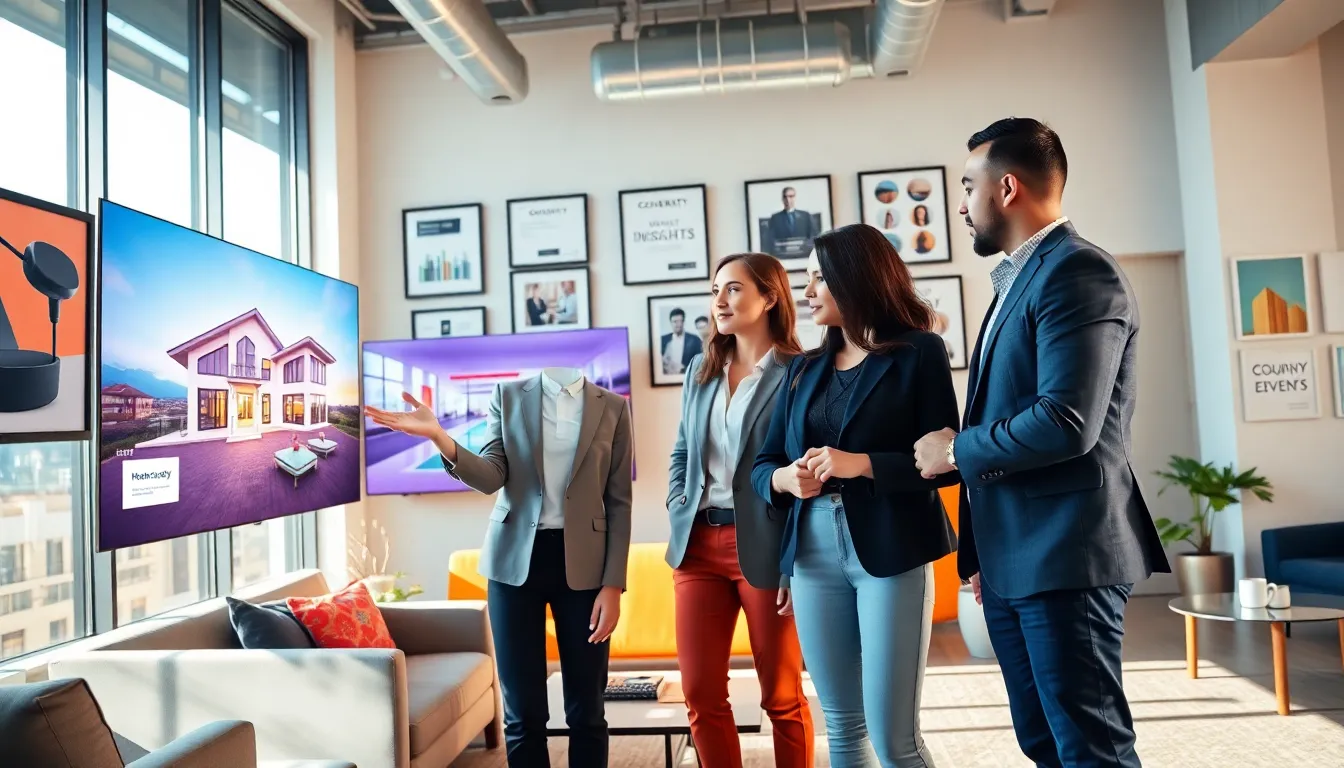 a diverse team in a modern real estate office discussing virtual home tours.