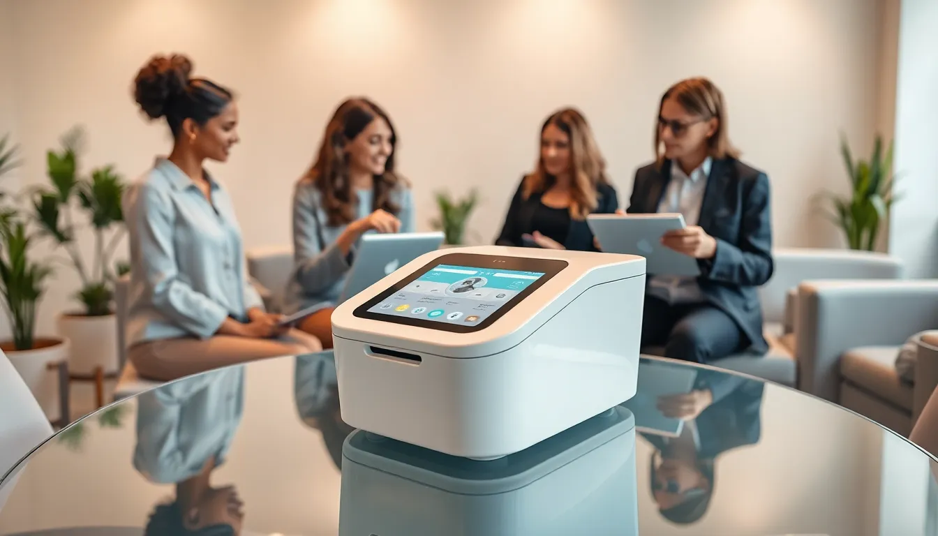 Modern office setting with the Amberoni1020 device and diverse professionals discussing.