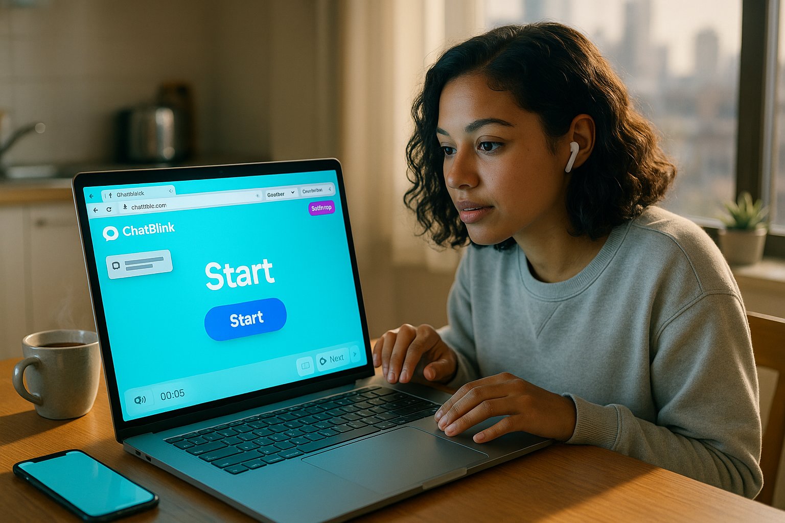 Person at laptop about to press Start on ChatBlink video chat interface.
