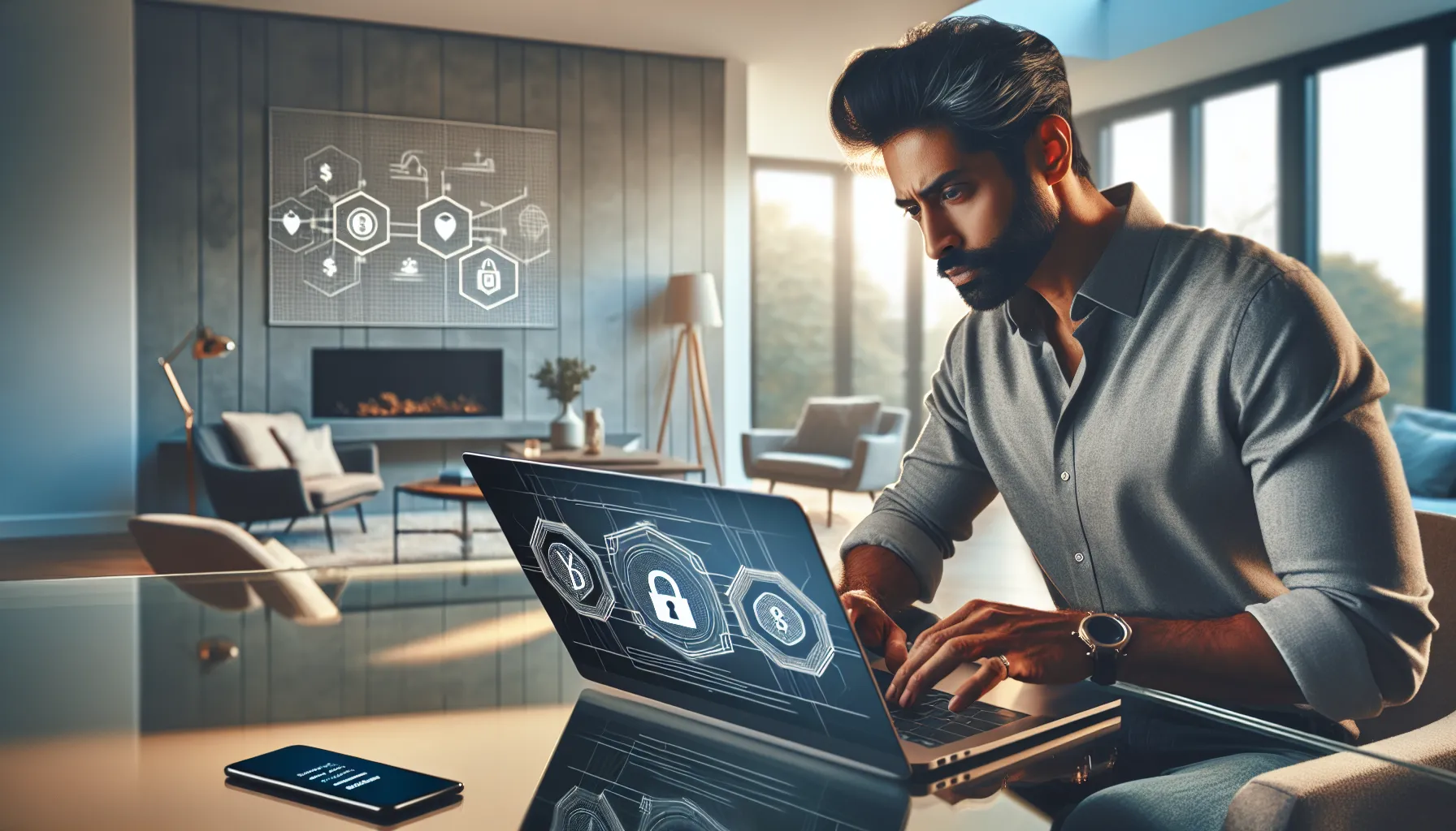 Professional managing cryptocurrency exchange security on laptop with smartphone authentication in modern office.