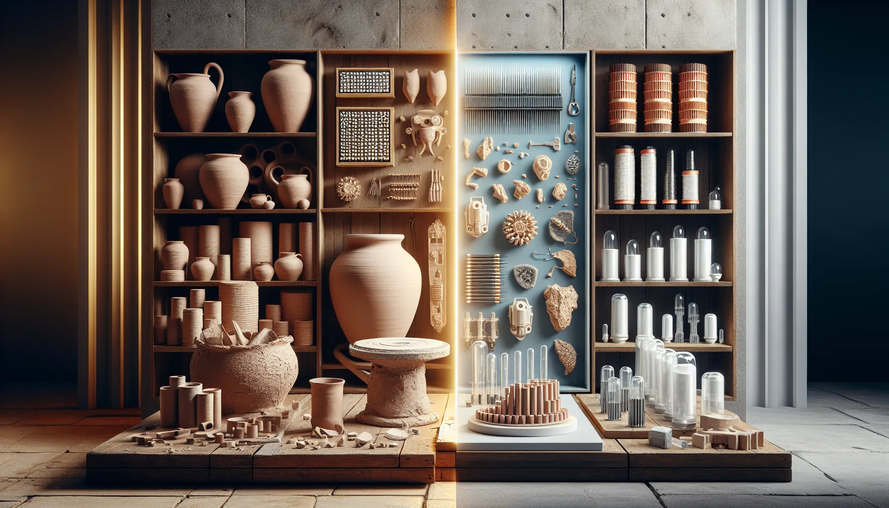 A studio showing traditional pottery and advanced ceramic applications side by side.
