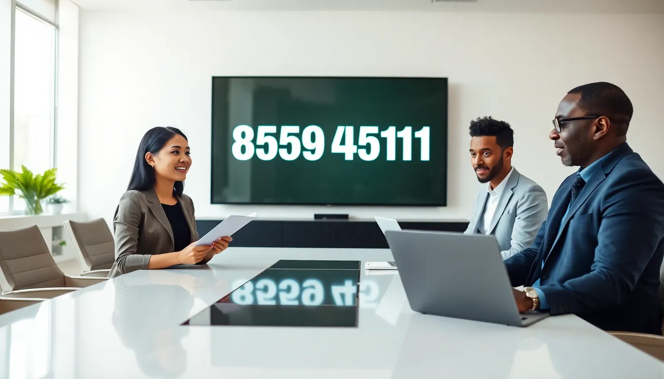 diverse professionals discussing around a conference table with toll-free number displayed.