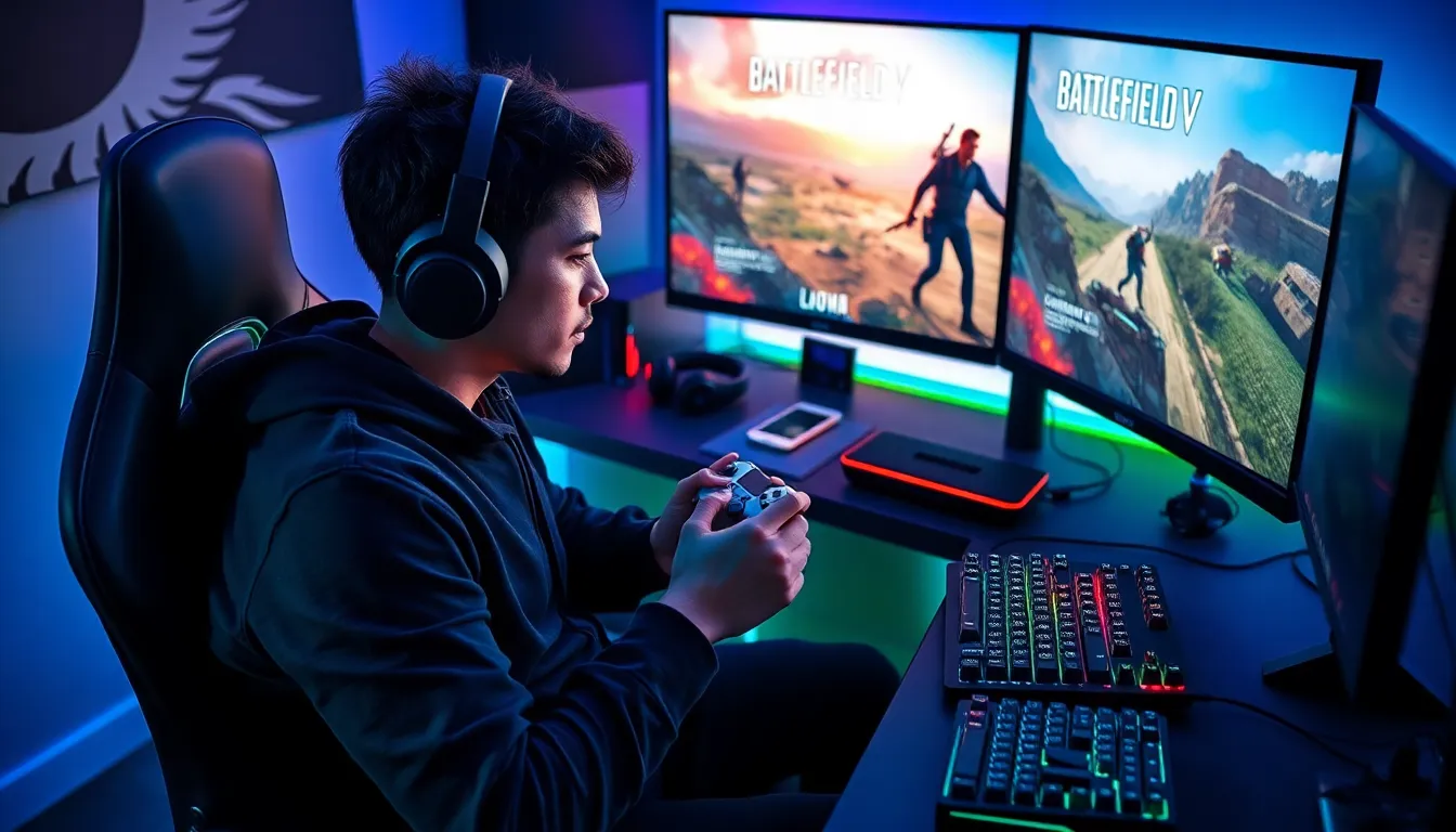 gamer strategizing in a vibrant Battlefield V gaming setup.