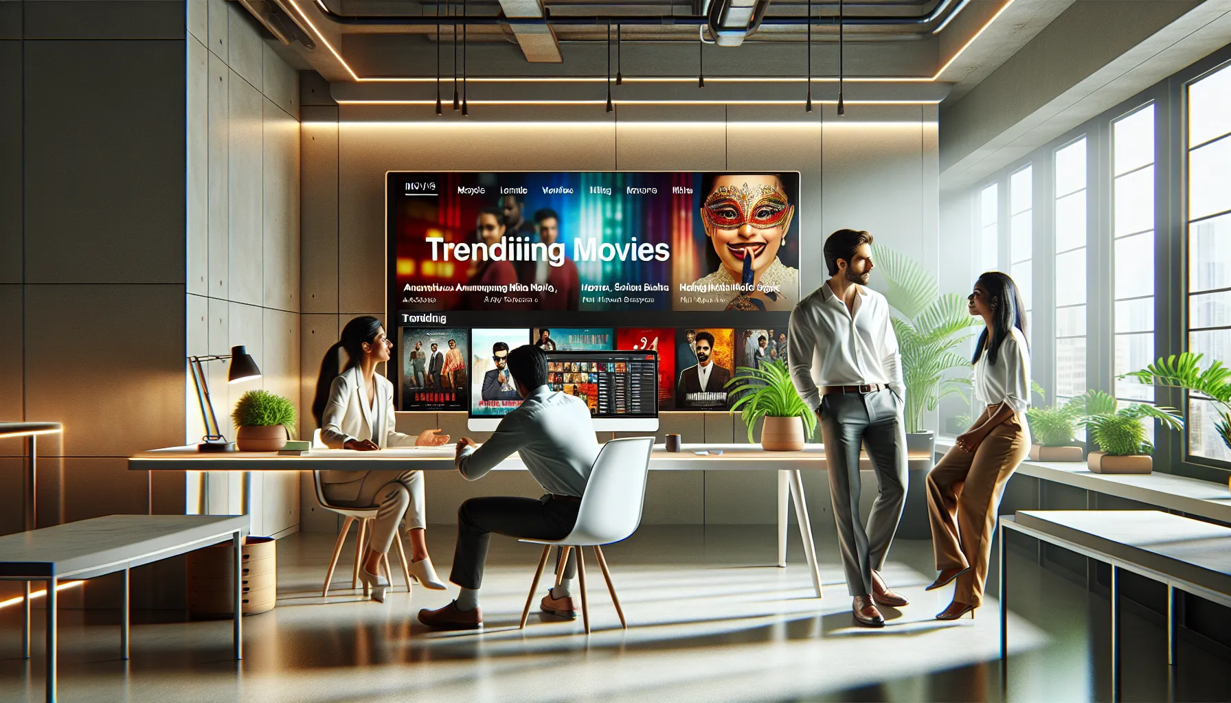 professionals discussing Telugu movies on a large screen in a modern office.