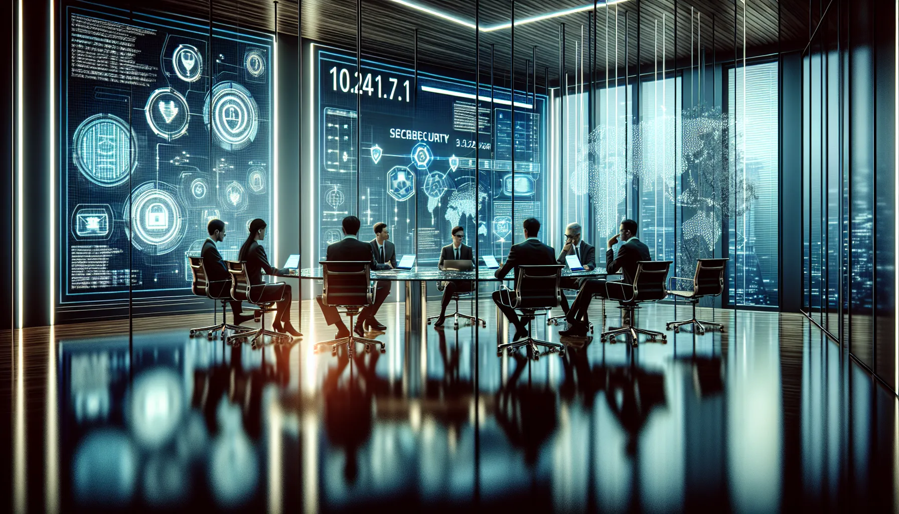 cybersecurity team discussing network access in a modern office.