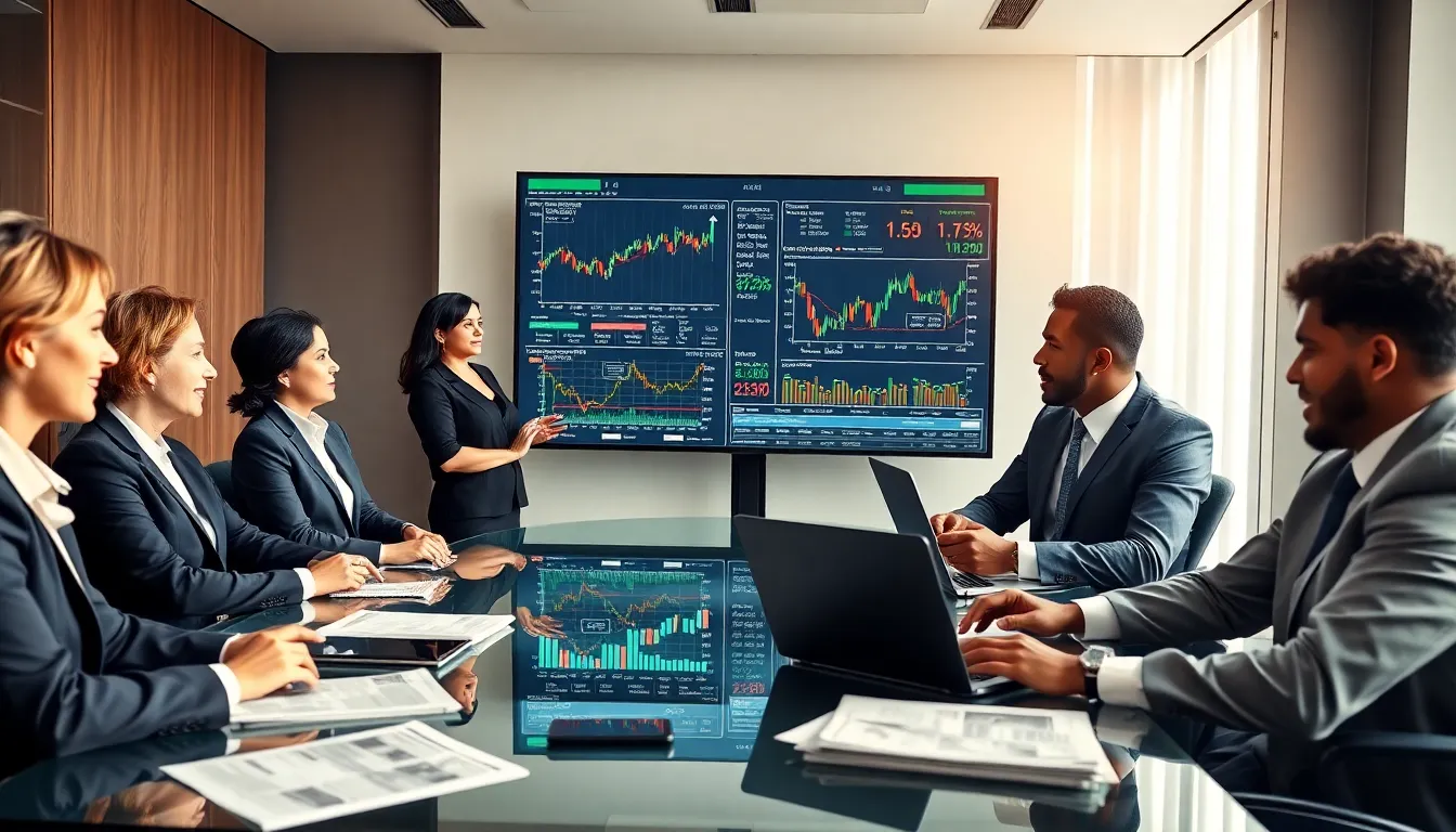 diverse finance professionals in a modern office discussing economic trading.