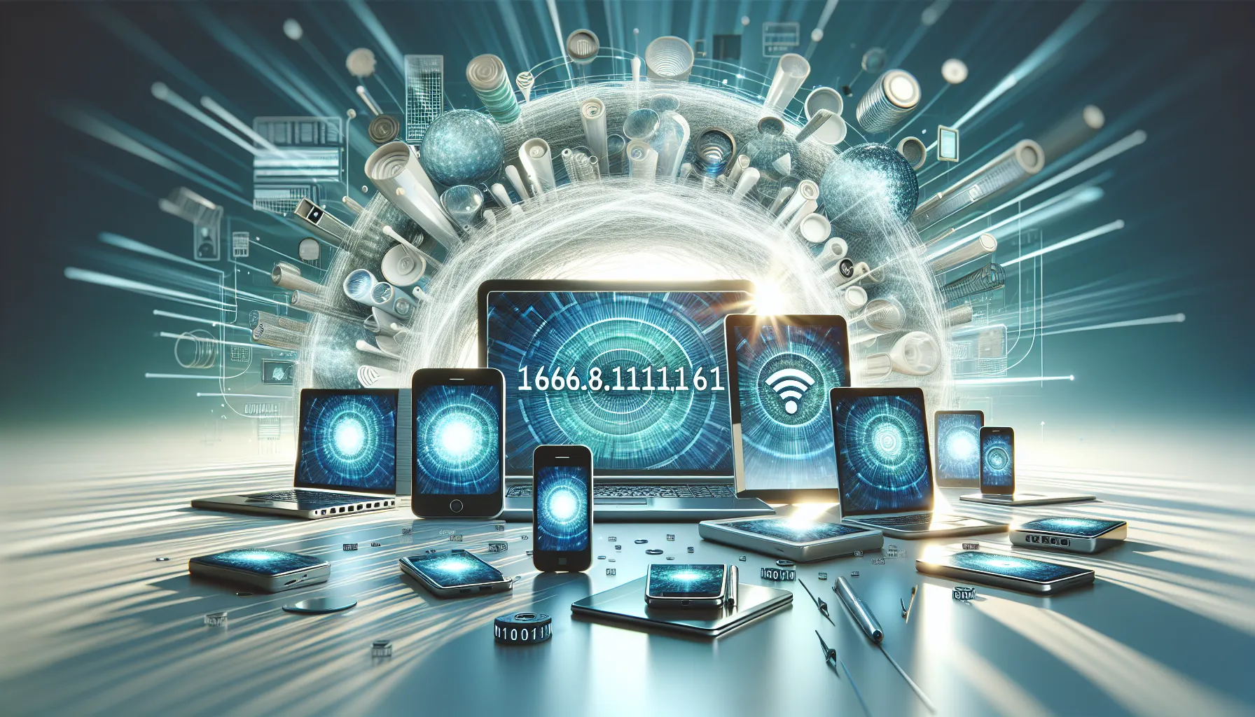 illustration of interconnected devices displaying an IP address in a modern workspace.