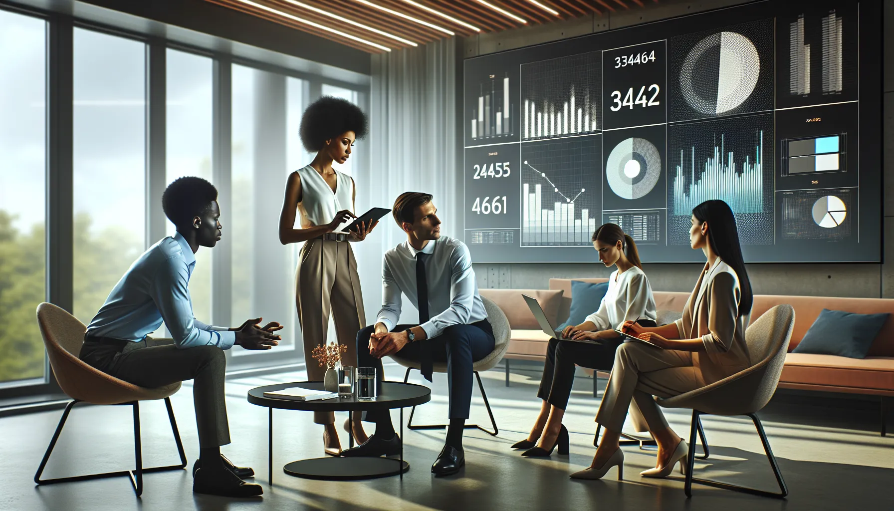 professionals discussing the significance of a unique number in a modern office.