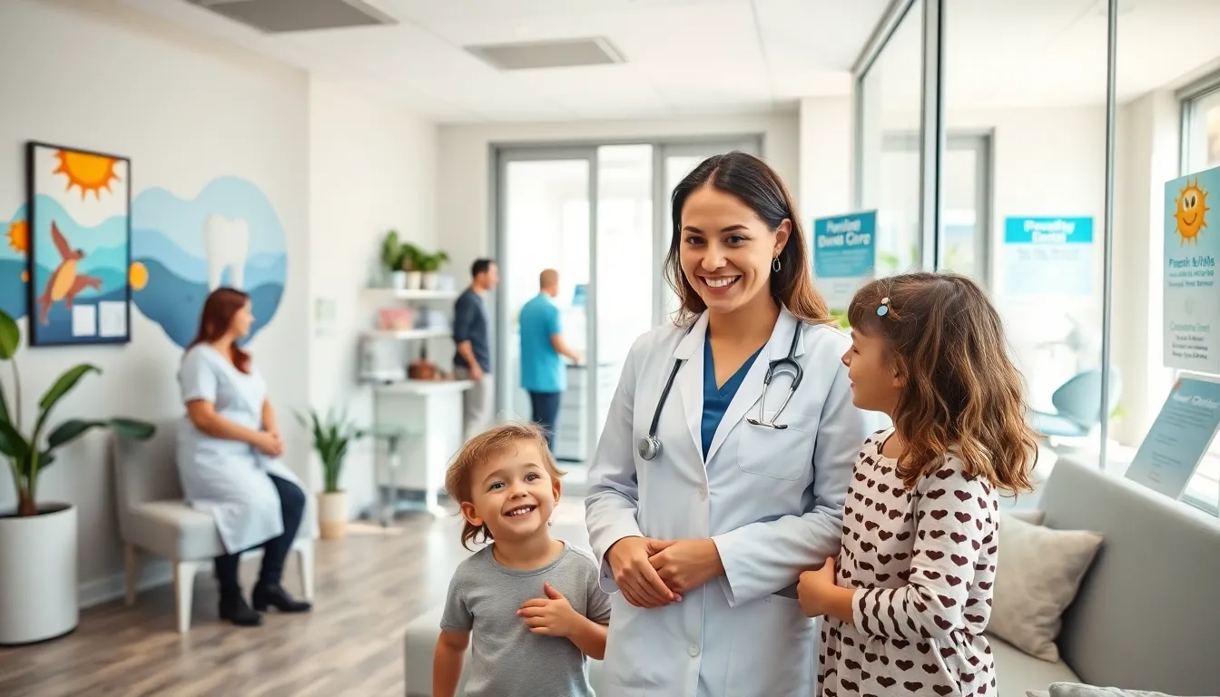 Dentist and child with parent in a welcoming pediatric dental clinic.