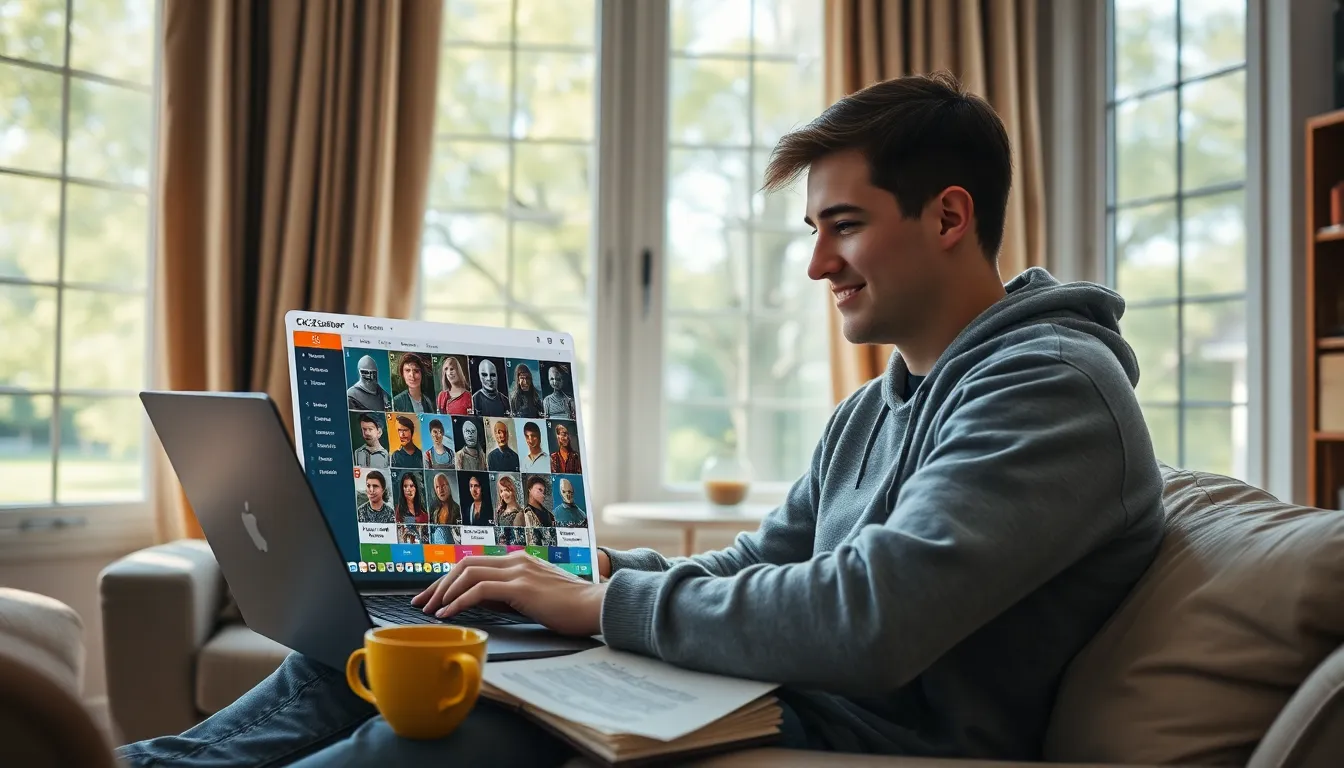a young man designing characters on CK2Generator in a cozy room.