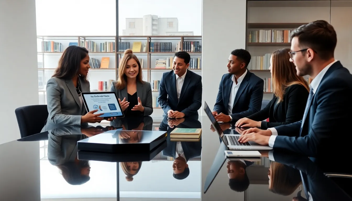 diverse publishing team collaborating in a modern office setting.