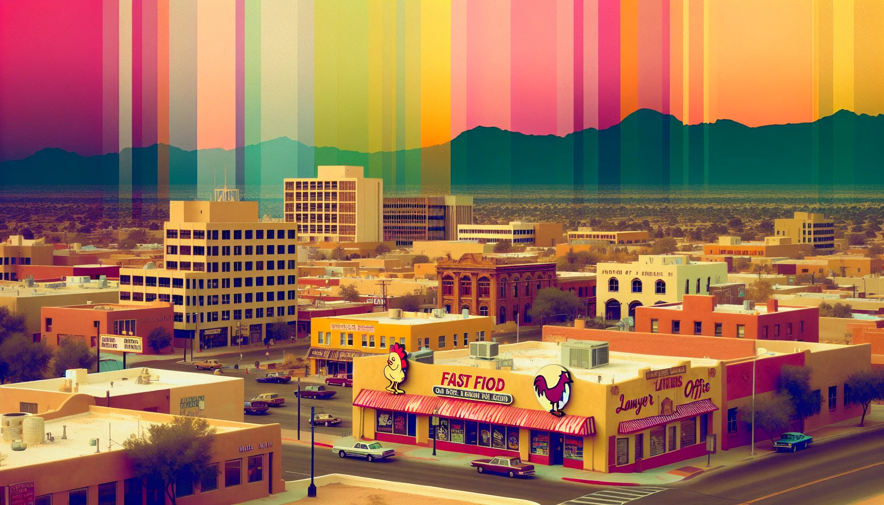 A composite scene of Albuquerque featuring locales from Better Call Saul and Breaking Bad.