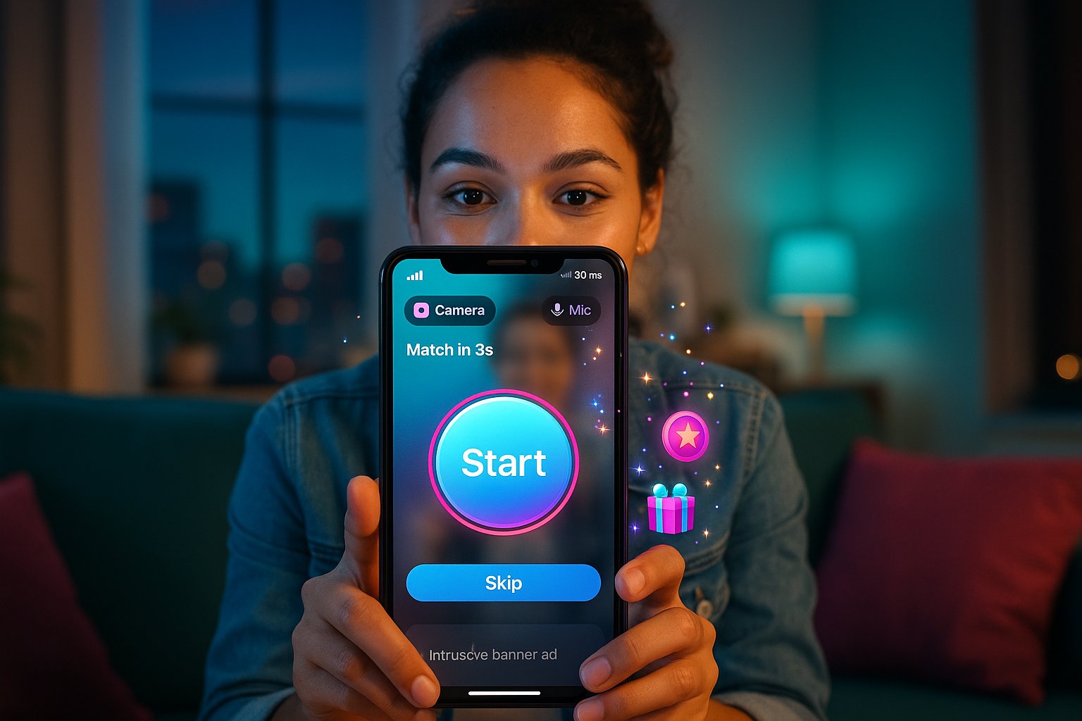 Young woman holding phone showing Livuapp Start screen with AR gifts and ad